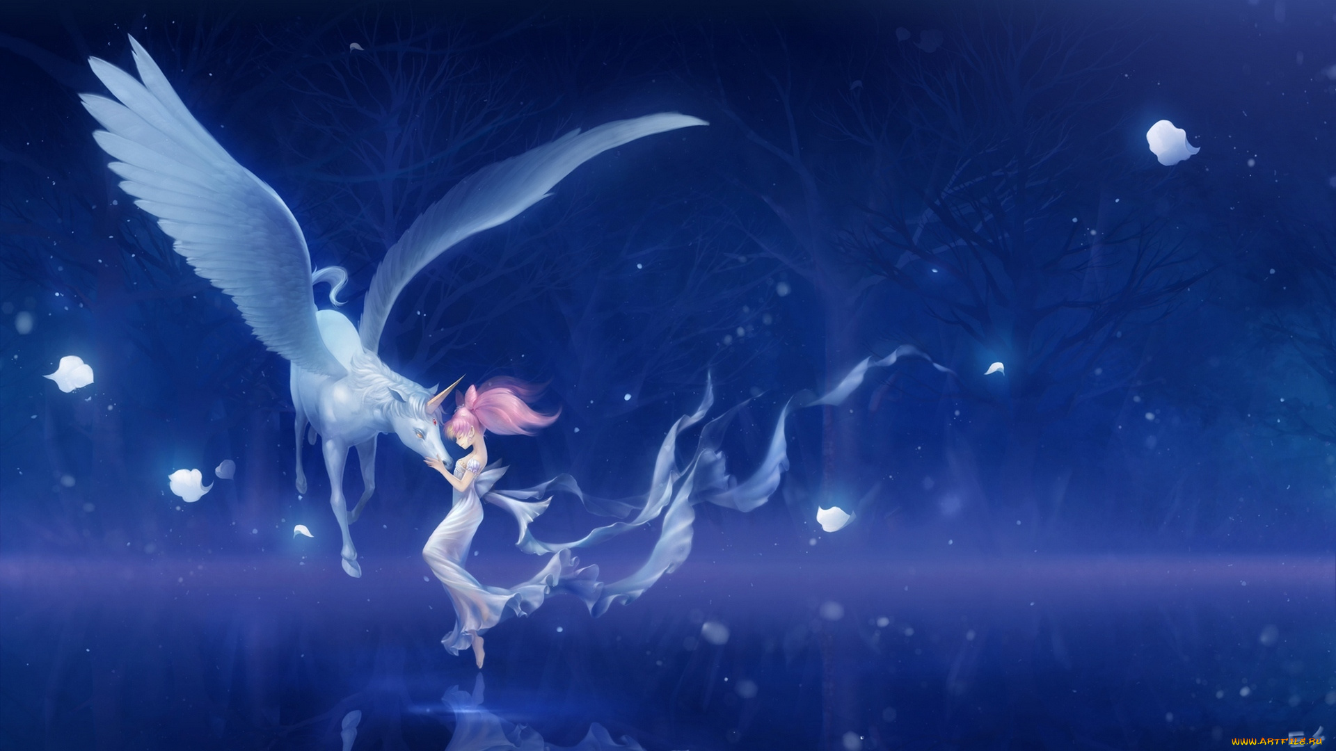аниме, sailor, moon, chibi, usa, pegasus, девушка, платье, пегас, конь, единорог, лес, деревья, лепестки, вода, гладь, отражение