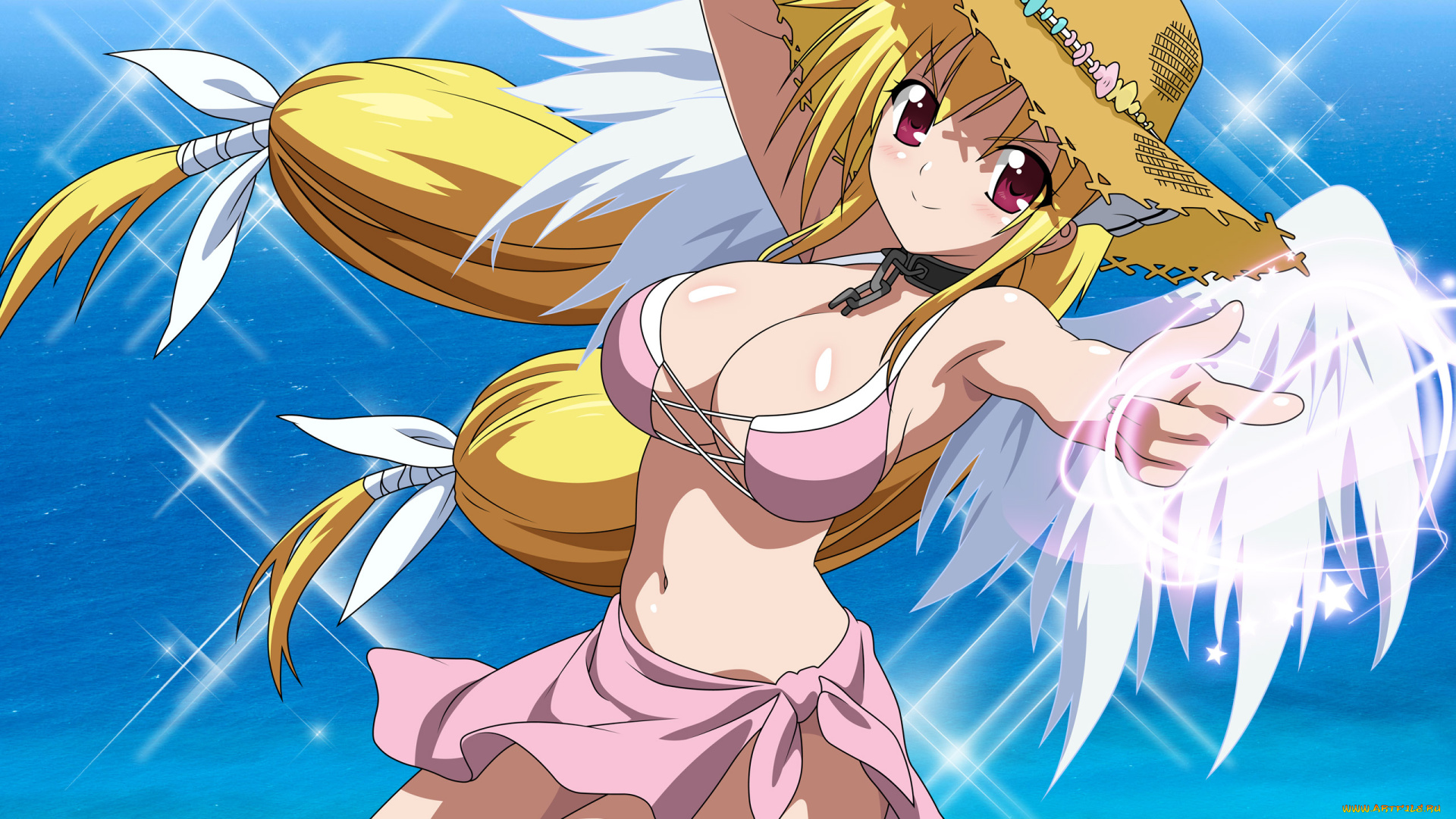 аниме, sora, no, otoshimono, ушки, девушка, ошейник, цепь, astraea, вода, купальник, море, шляпа, ангел, крылья, перья