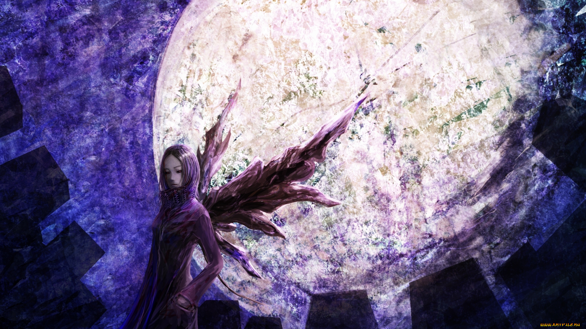 аниме, tokyo, ghoul, ночь, tokyo, ghoul, touka, kirishima, дома, крылья, полнолуние