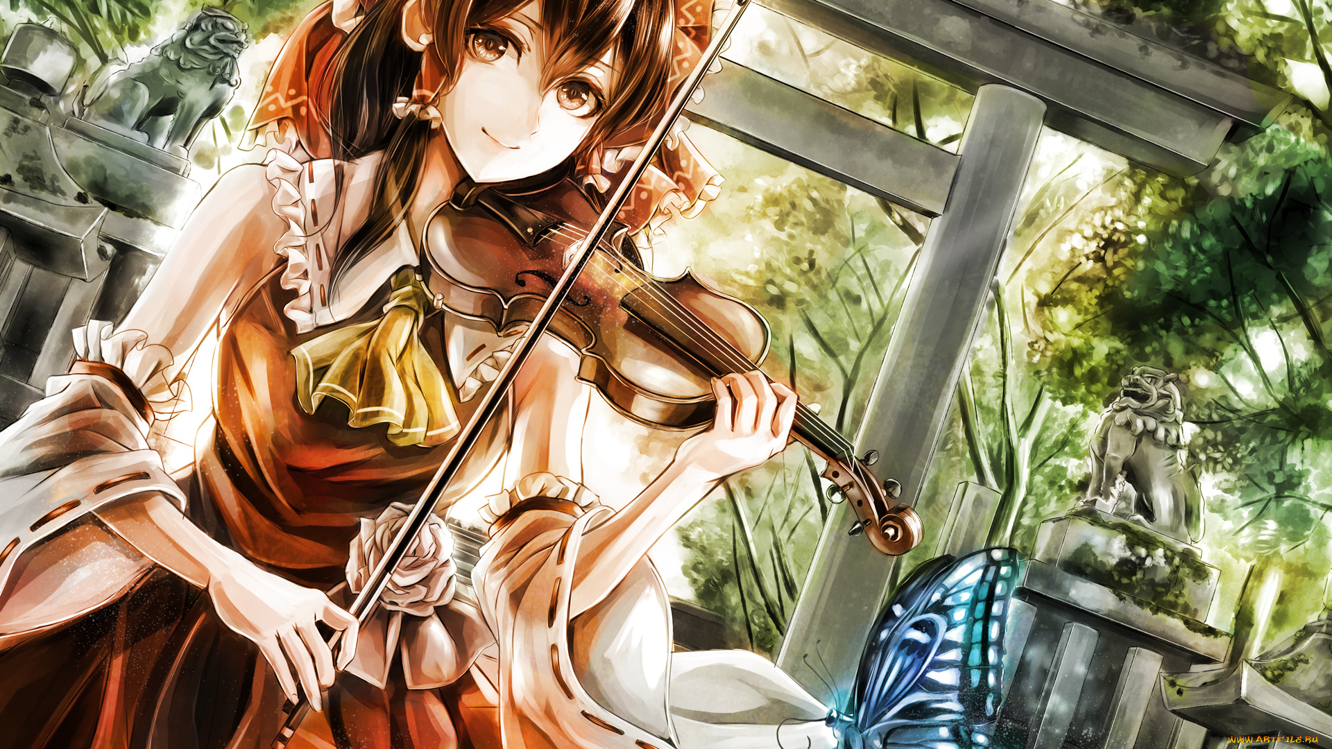 аниме, touhou, hakurei, reimu, jane, artist, арт, девушка, взгляд, скрипка