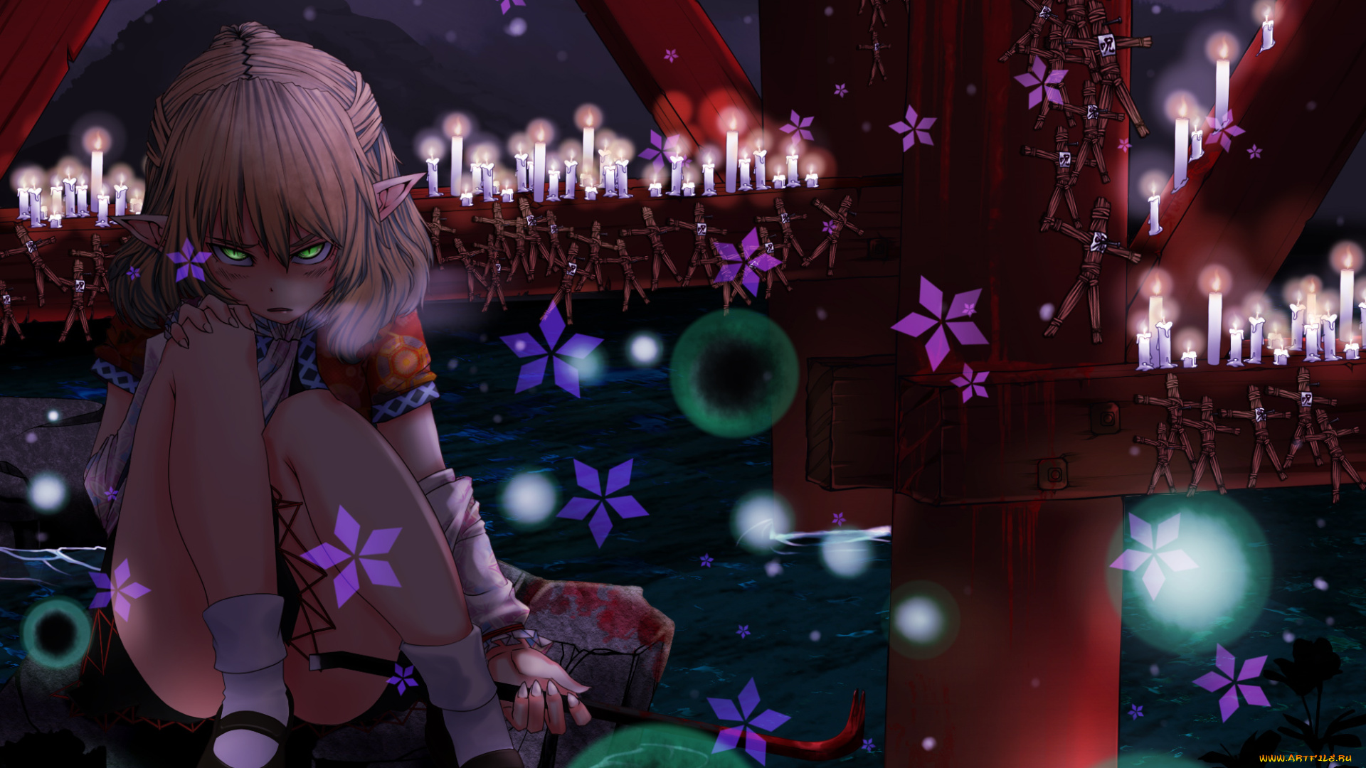 аниме, touhou, mizuhashi, parsee, kumonji, aruto, девушка, платье, камень, вода, лом, цветы, свечи, фигурки, вуду, кровь, растения, мост