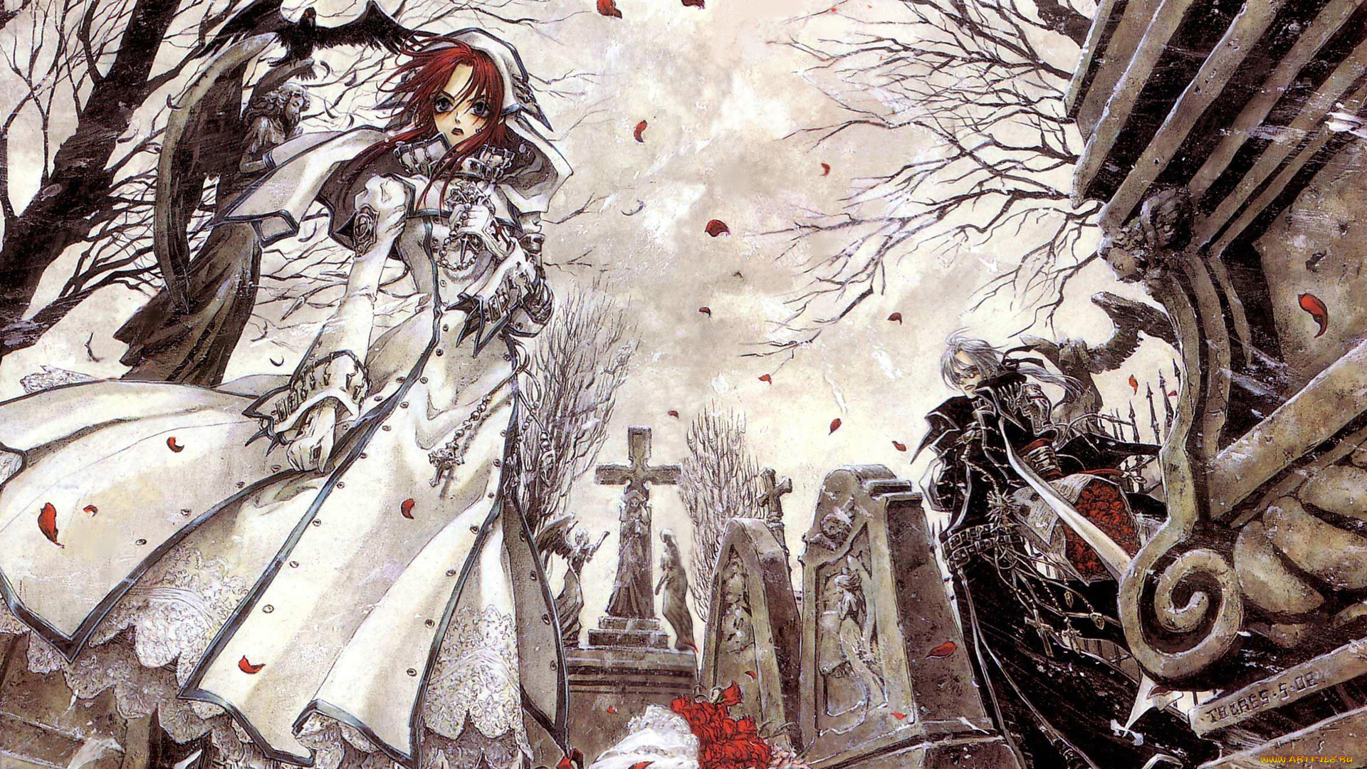 аниме, trinity, blood, девушка, повязка, священник, мужчина, abel, nightroad, вампир, esther, blanchett, крест, пистолет, оружие, монахиня, плащ, роба, шарф, небо, птицы, вороны, кладбище, могилы, плиты, деревья, букет, розы, цветы, снег