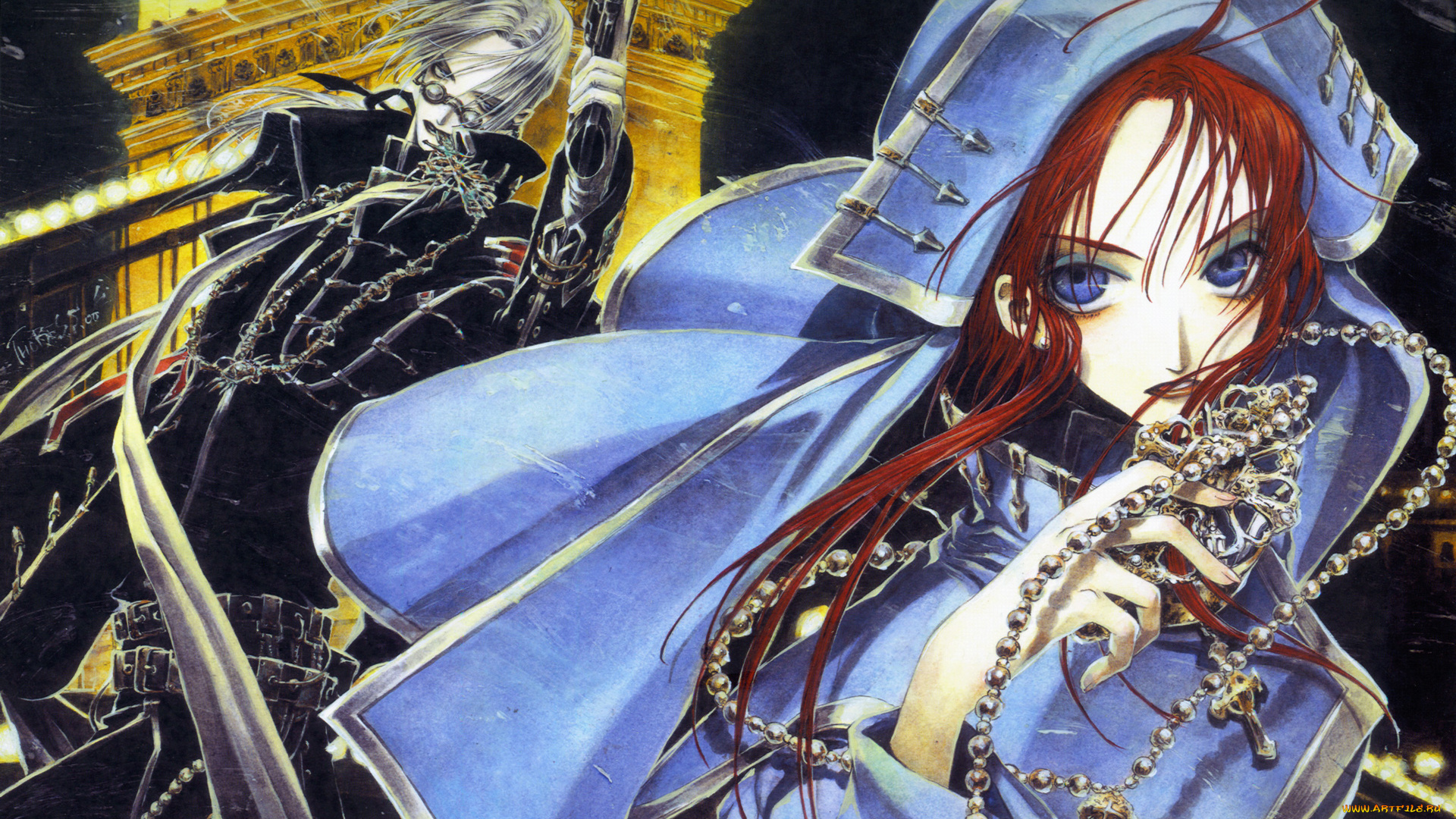 аниме, trinity, blood, девушка, строение, пистолет, повязка, священник, замок, мужчина, abel, nightroad, esther, blanchett, крест, оружие, монахиня, плащ, роба