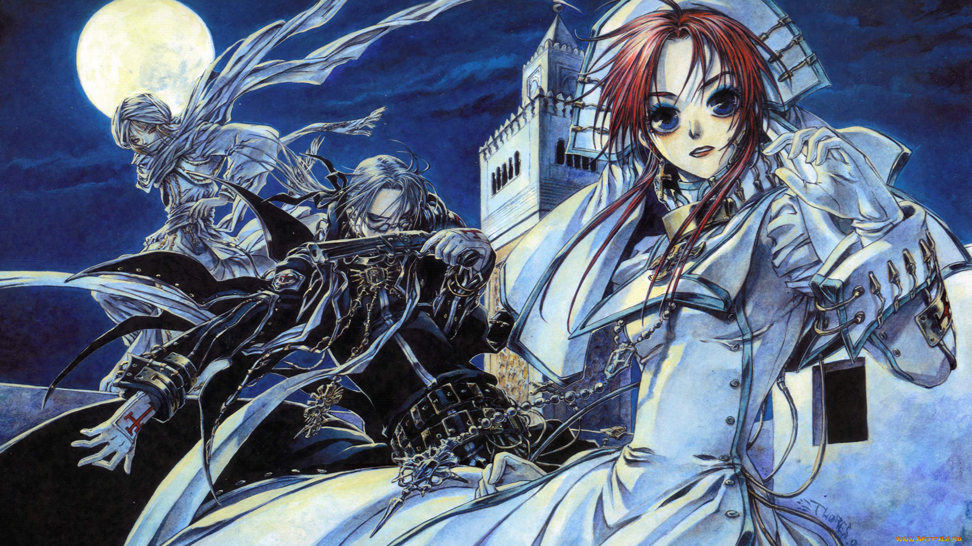 аниме, trinity, blood, esther, blanchett, abel, nightroad, ion, fortuna, мужчина, девушка, ночь, небо, луна, полнолуние, монахиня, замок, строение, оружие, пистолет, вампир, повязка, шарф, роба, плащ, крест, священник