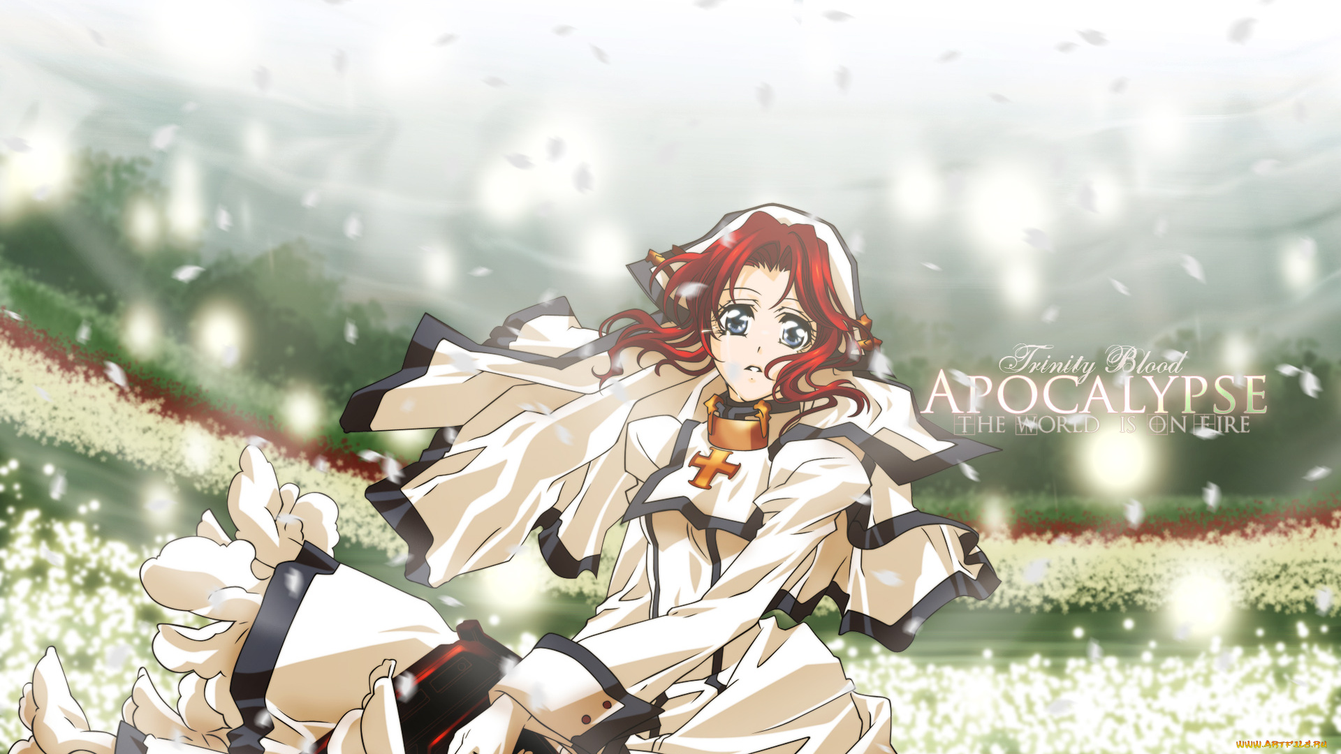 аниме, trinity, blood, esther, blanchett, девушка, моняхиня, роба, цветы, лепестки, крест, оружие, автомат, небо