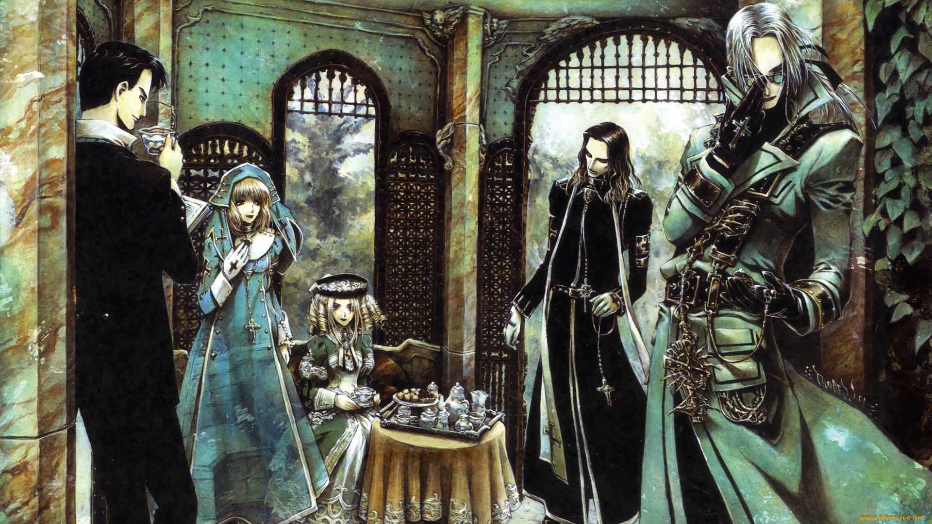 аниме, trinity, blood, комната, чай, чашка, стол, стул, окна, девушка, повязка, священник, мужчина, abel, nightroad, вампир, крест, монахиня, плащ, роба, шарф