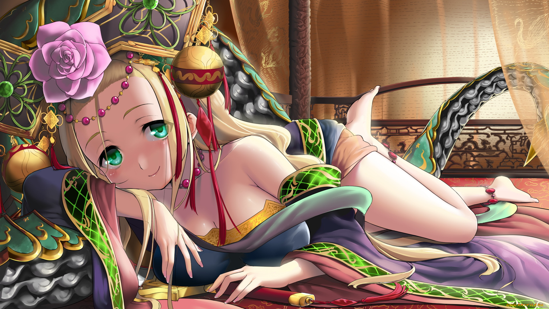 аниме, unknown, , другое, puzzle, dragons, meimei, hotpepperman, украшения, роза, арт, девушка, взгляд