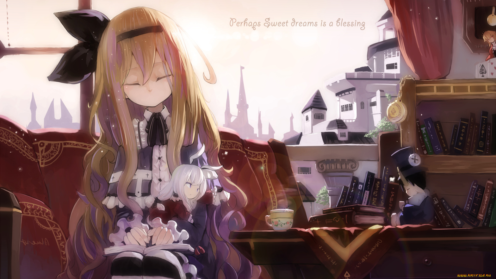 аниме, unknown, , другое, undeedking, девушка, комната, окно, город, небо, замок, дома, строение, бант, диван, подушка, кукла, ушки, шляпник, шляпа, кролик, книги, чашка, стол, часы