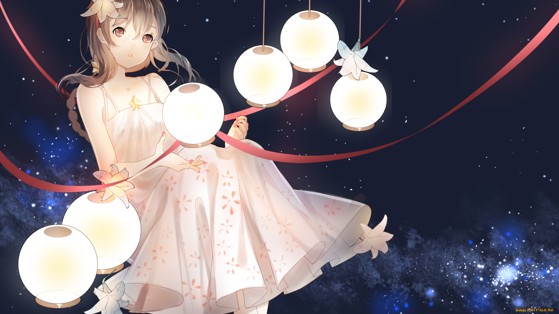 аниме, vocaloid, фонарики, космос, девочка, арт, weitu, yuezheng, ling, china