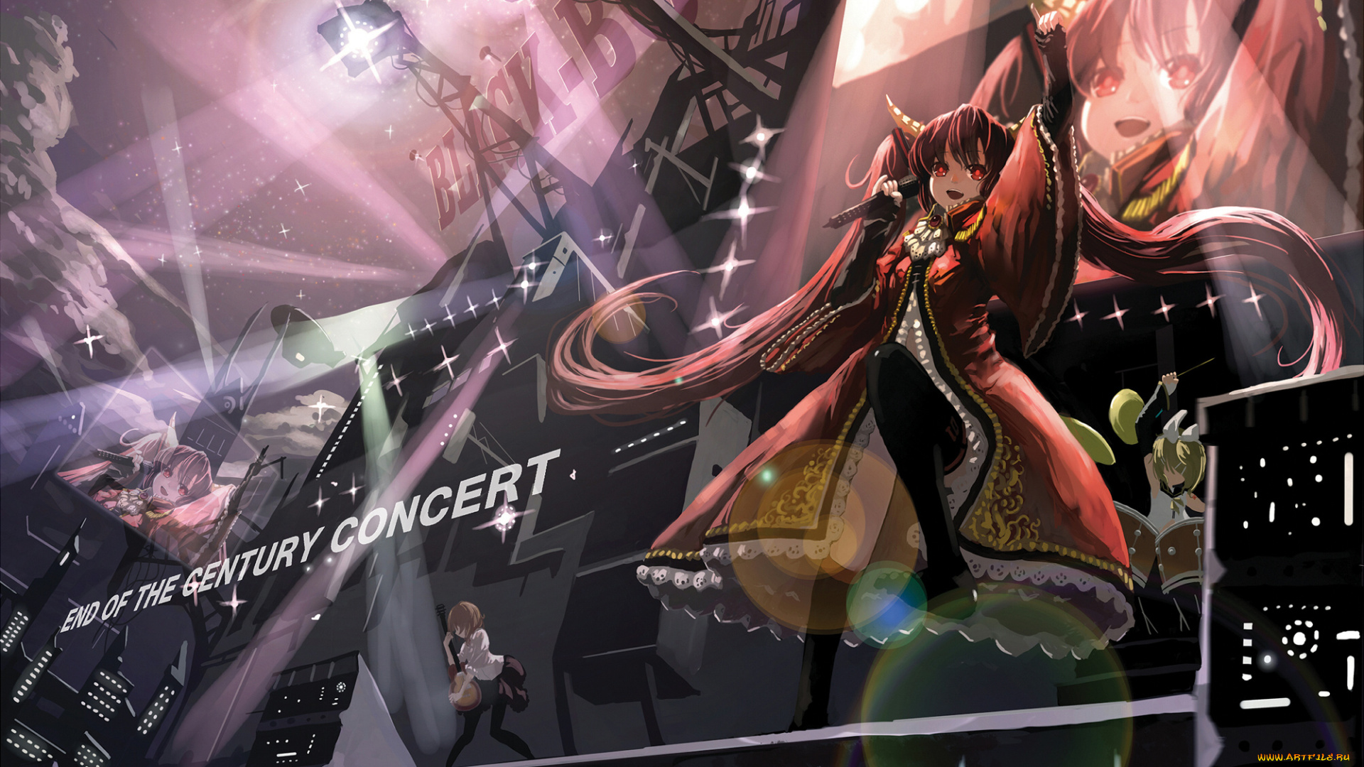 аниме, vocaloid, hatsune, miku, kagamine, rin, undeedking, девушки, музыка, сцена, концерт, платье, гитара, микрофон, свет, прожектор, экран, усилитель, небо, облака, звезды, луна, полнолуние, город