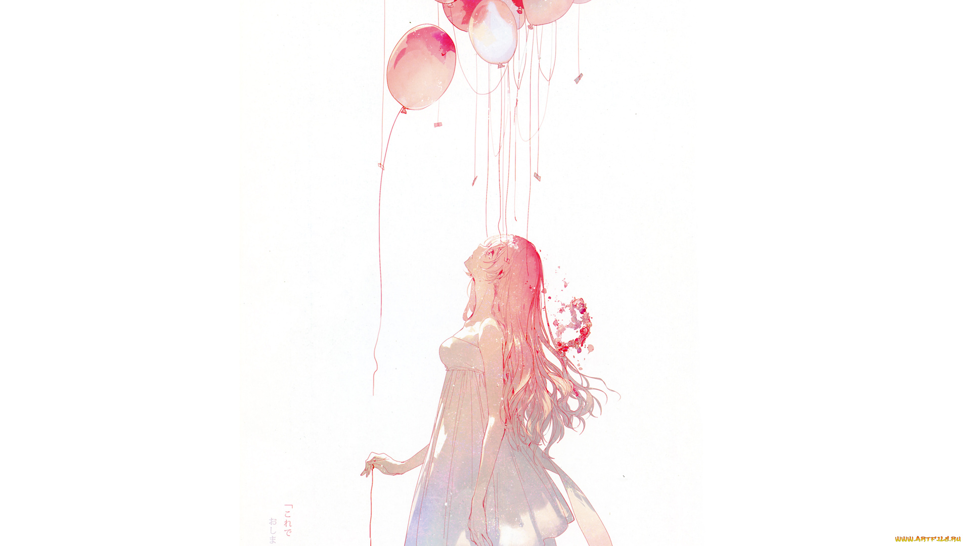 аниме, vocaloid, megurine, luka, девушка, платье, шарики, нить, бант, слезы, цветы, венок