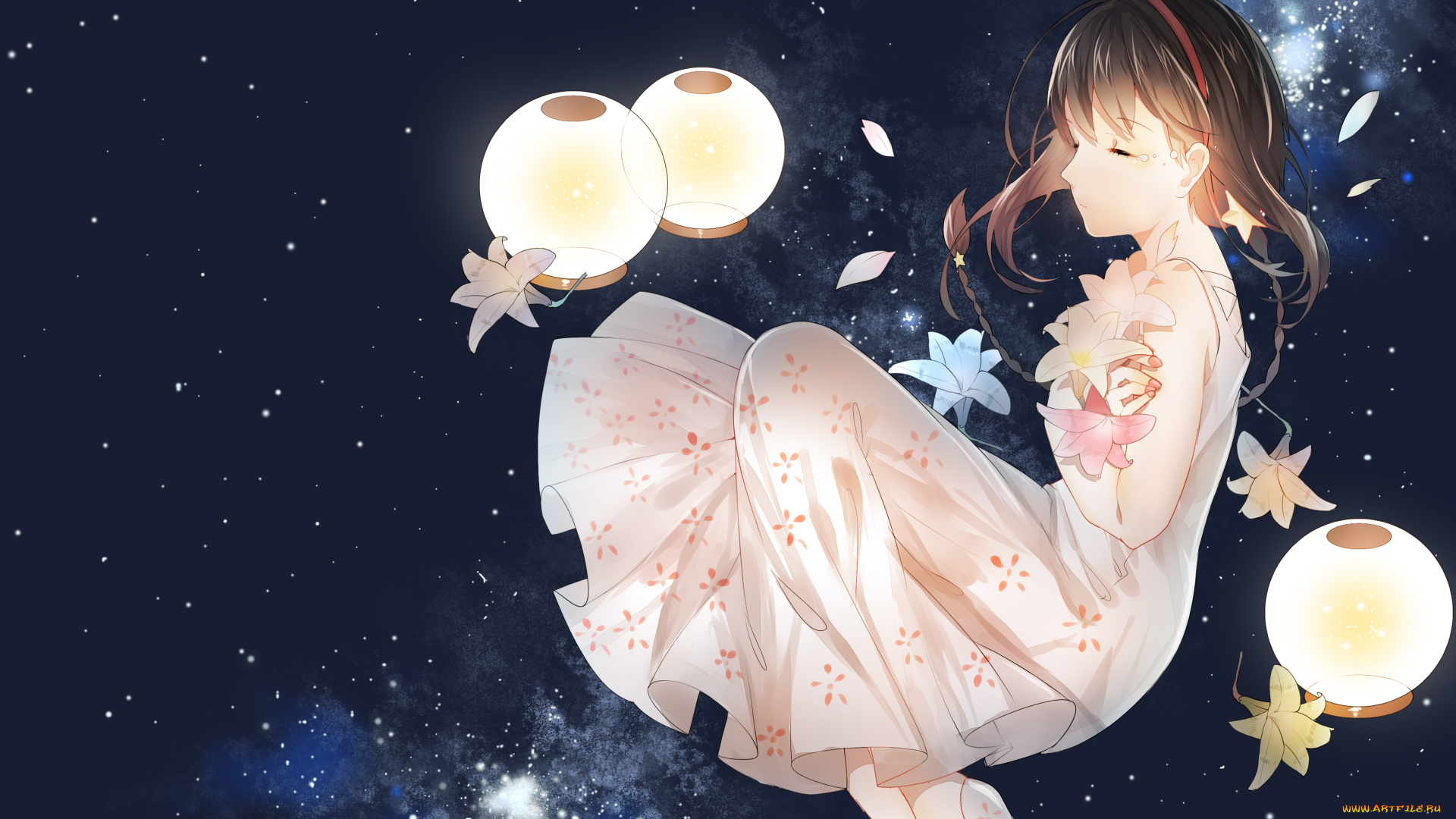 аниме, vocaloid, млечный, путь, цветы, девочка, фонарики, космос, арт, weitu, china, yuezheng, ling