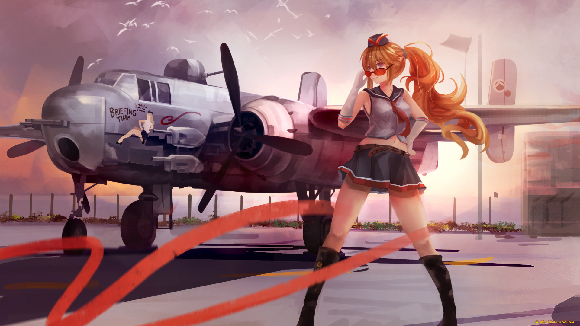аниме, zhan, jian, shao, nyu, zhanjian, shaonu, wo-class, aircraft, carrier, magician, artist, арт, девушка, самолёт, небо