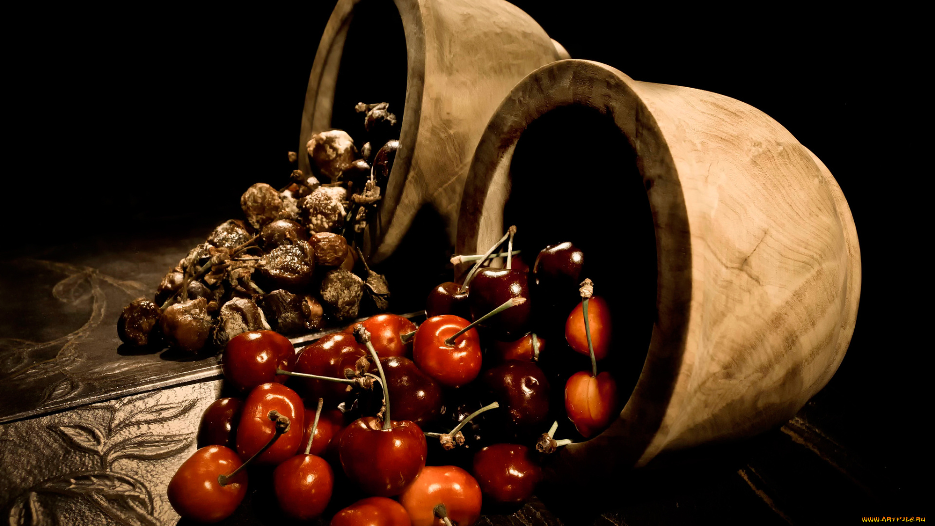 еда, вишня, , черешня, отражение, спелые, ягоды, гниль