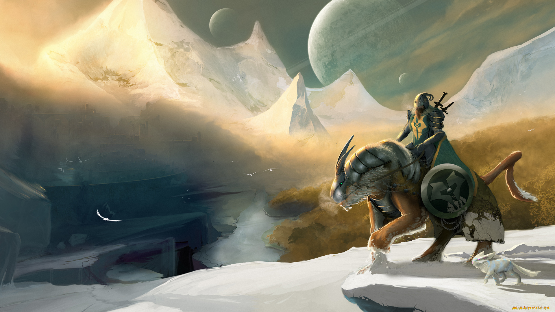 фэнтези, существа, арт, планеты, птицы, река, горы, снег, меч, щит, оружие, доспехи, всадник, рыцарь, воин, winter, knight
