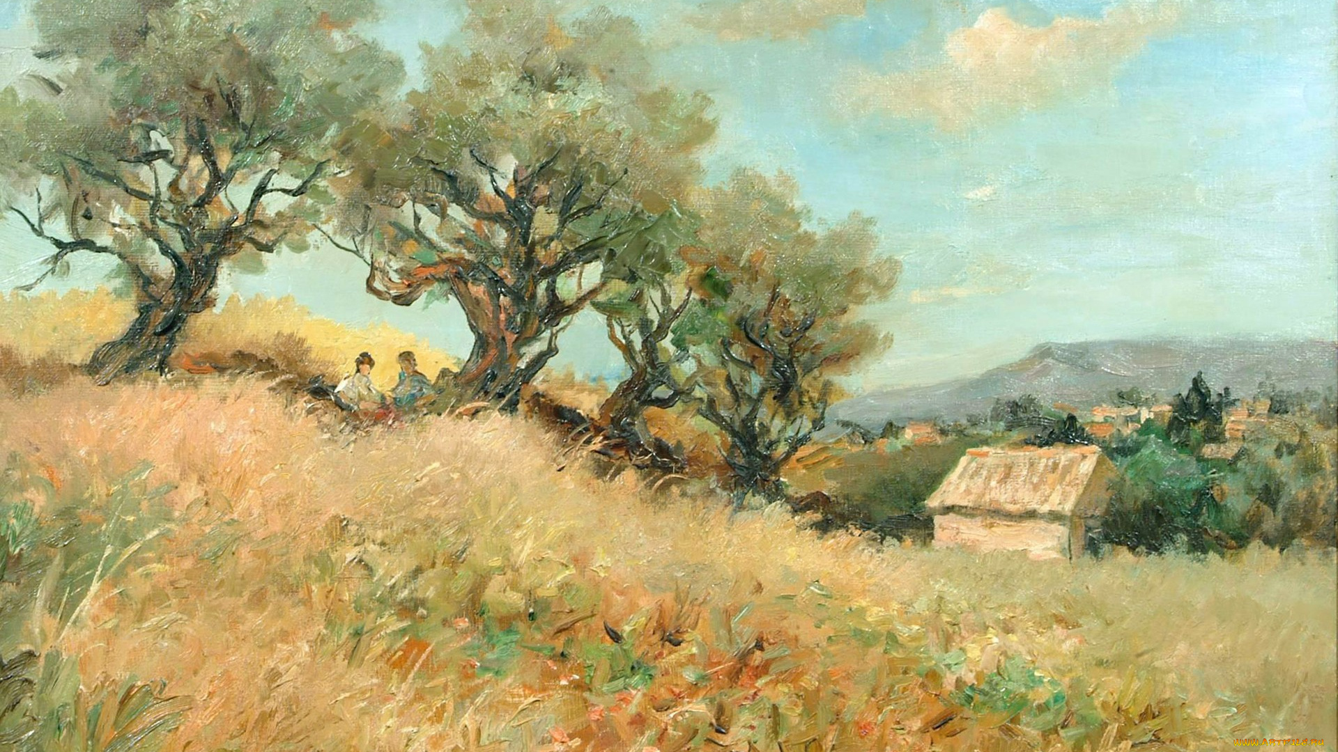 рисованное, живопись, марсель, диф, деревья, люди, дом, пейзаж, картина, поле, оливы