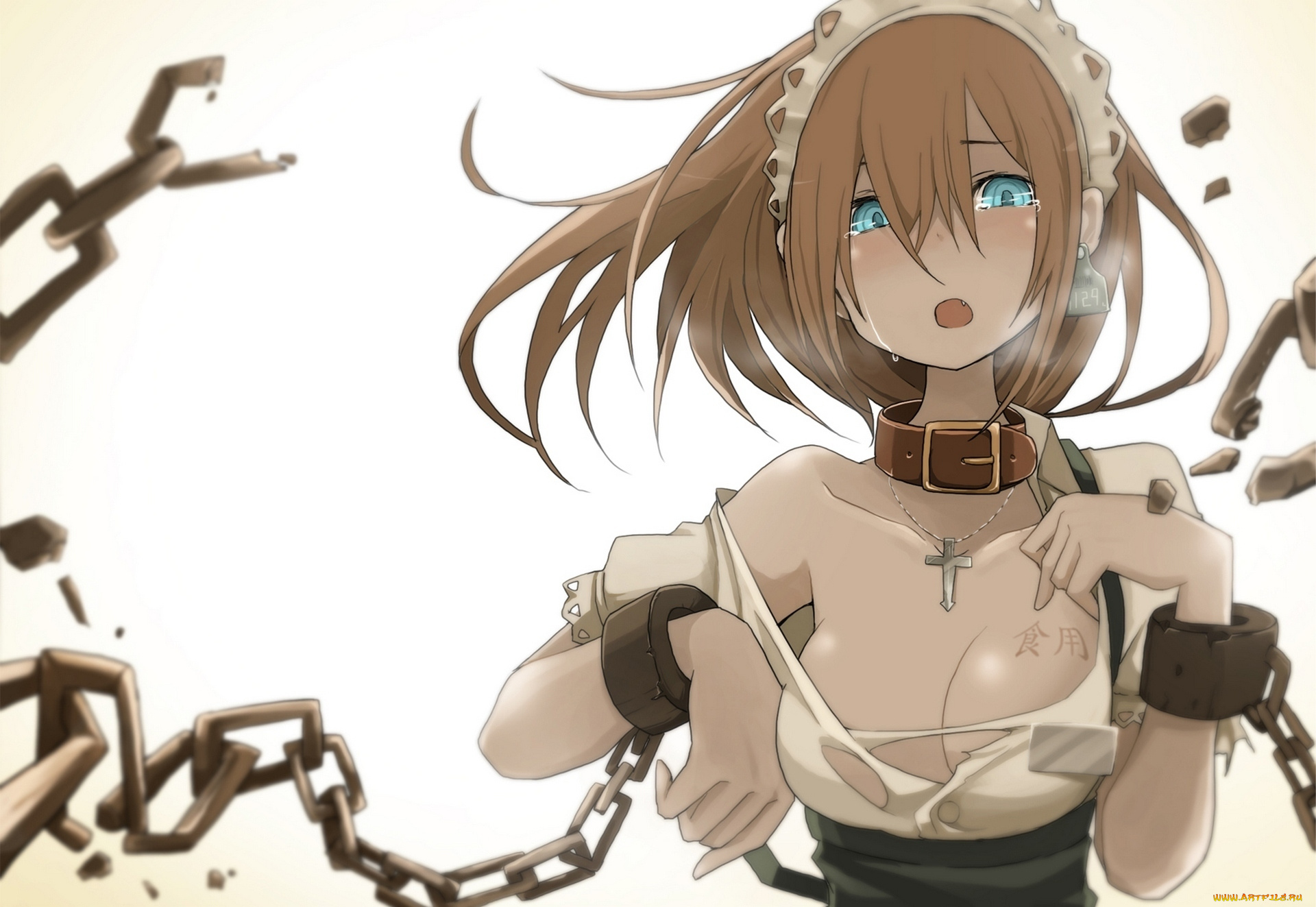 аниме, unknown, , другое, tansuke, девушка, платье, чепец, слезы, цепь, наручники, крест, ошейник, номер, знак, иероглиф