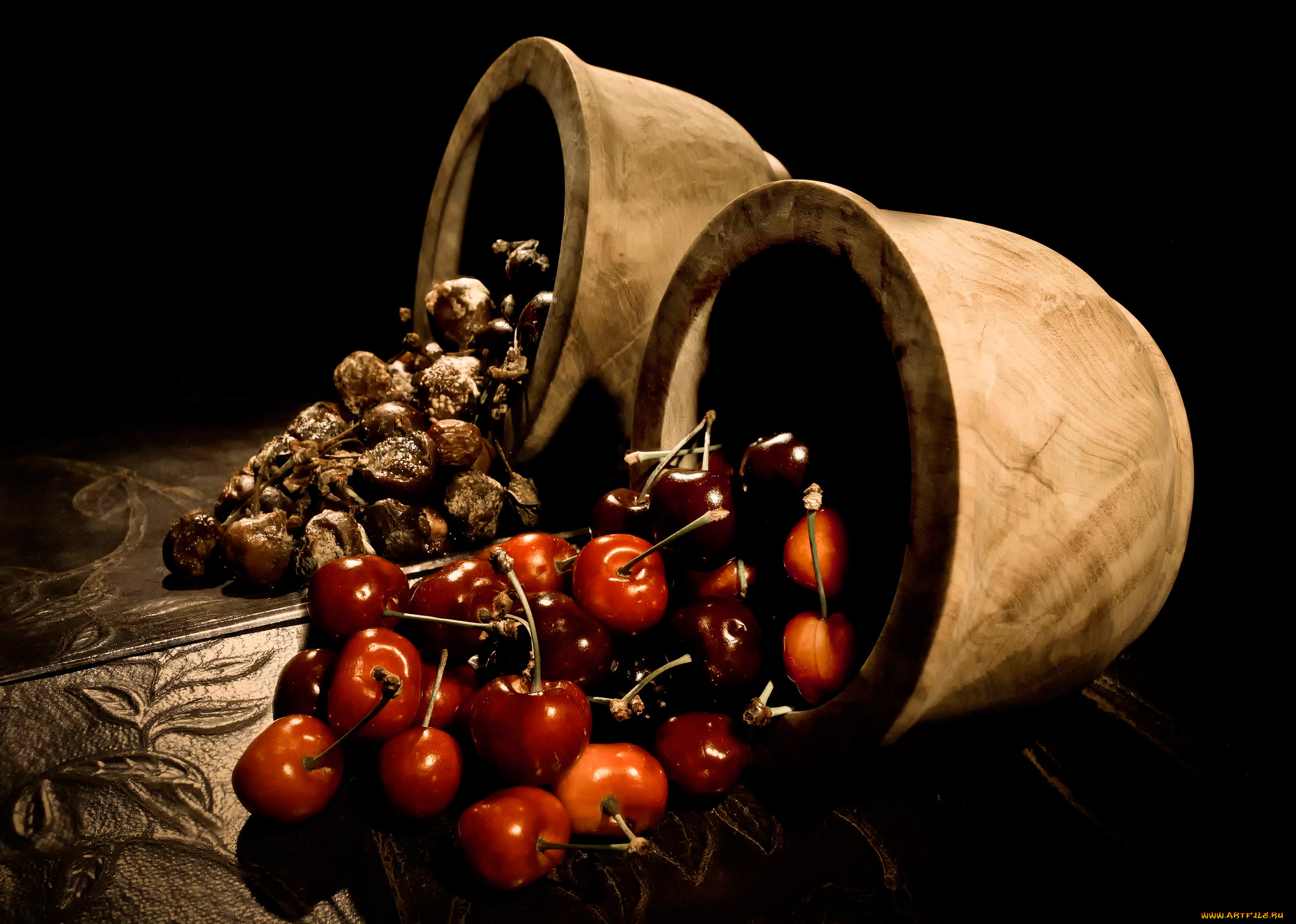 еда, вишня, , черешня, отражение, спелые, ягоды, гниль