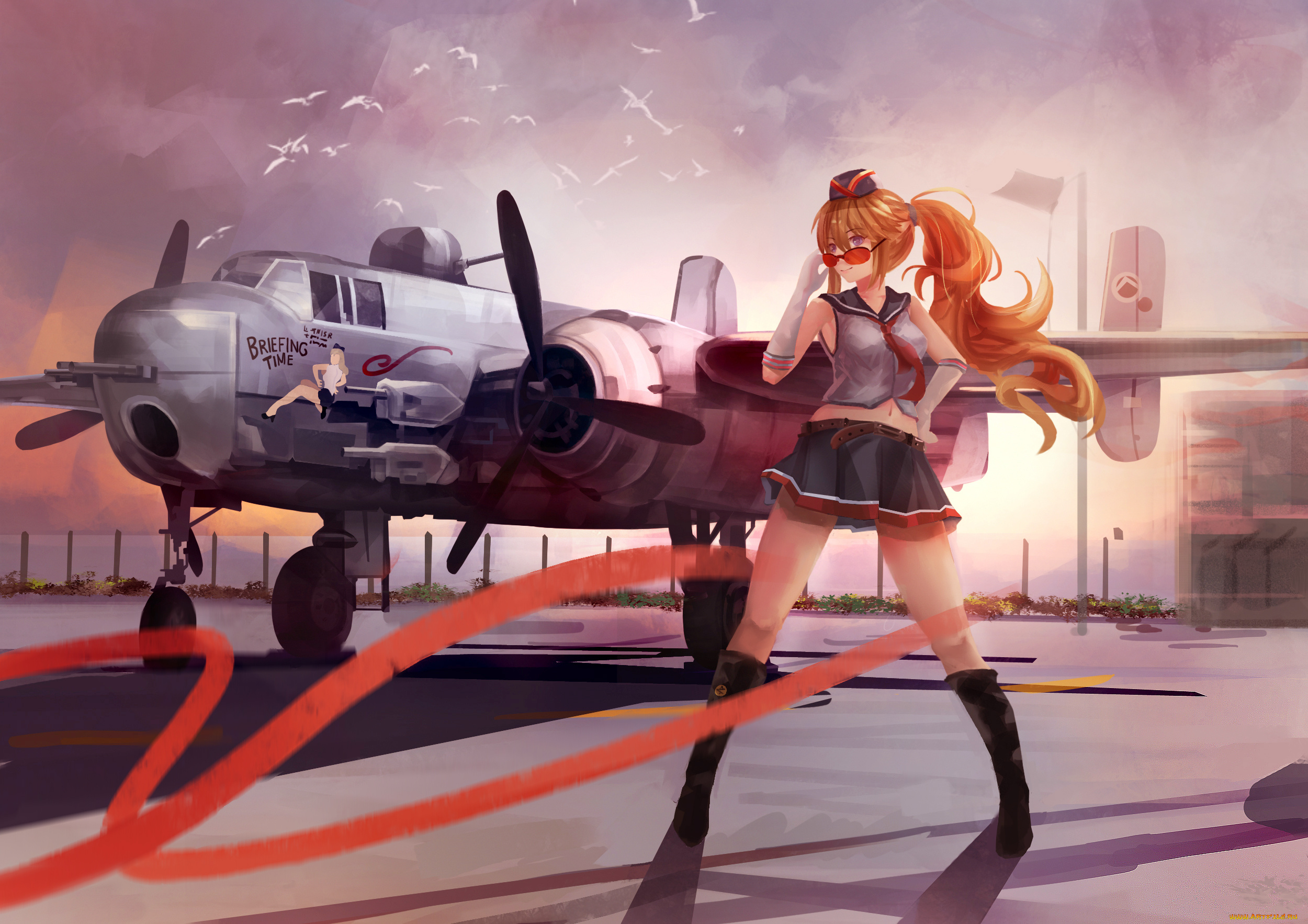 аниме, zhan, jian, shao, nyu, zhanjian, shaonu, wo-class, aircraft, carrier, magician, artist, арт, девушка, самолёт, небо