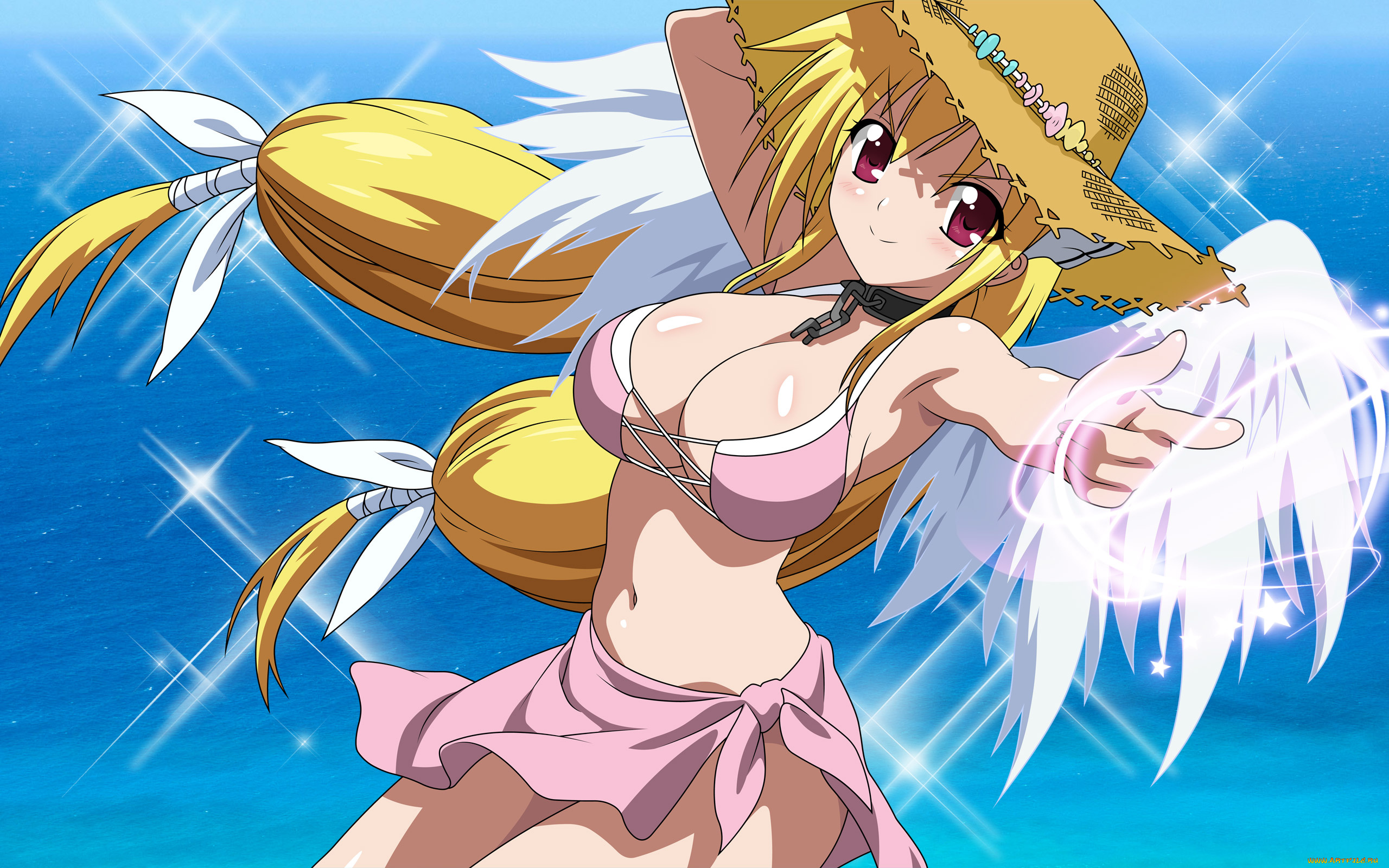 аниме, sora, no, otoshimono, ушки, девушка, ошейник, цепь, astraea, вода, купальник, море, шляпа, ангел, крылья, перья