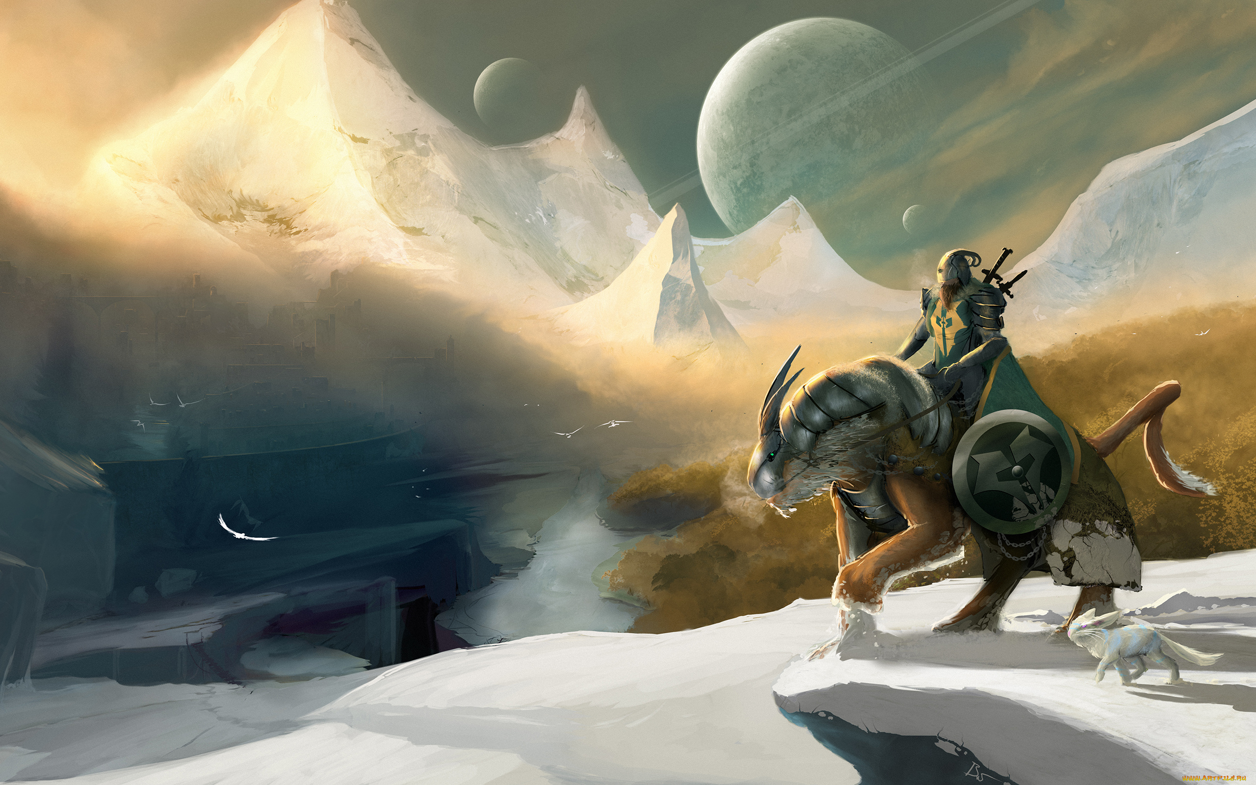 фэнтези, существа, арт, планеты, птицы, река, горы, снег, меч, щит, оружие, доспехи, всадник, рыцарь, воин, winter, knight
