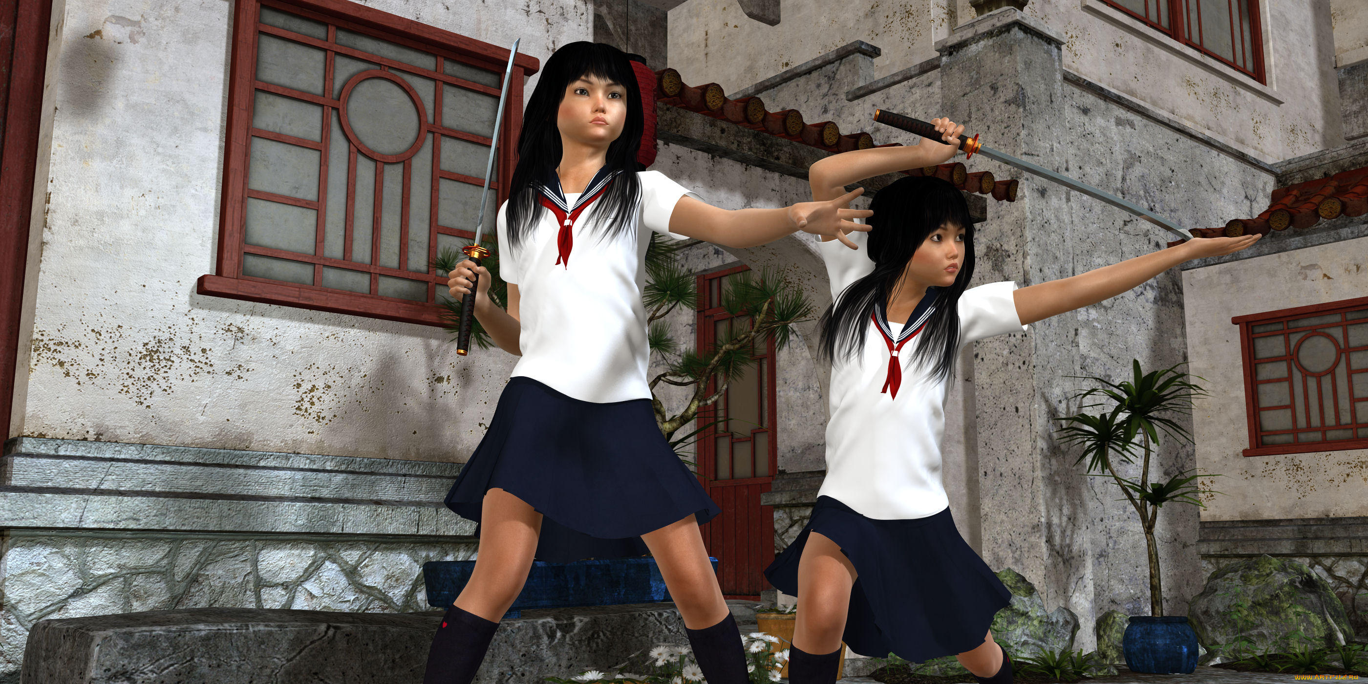 3д, графика, фантазия, , fantasy, девушки, взгляд, фон, оружие, поза