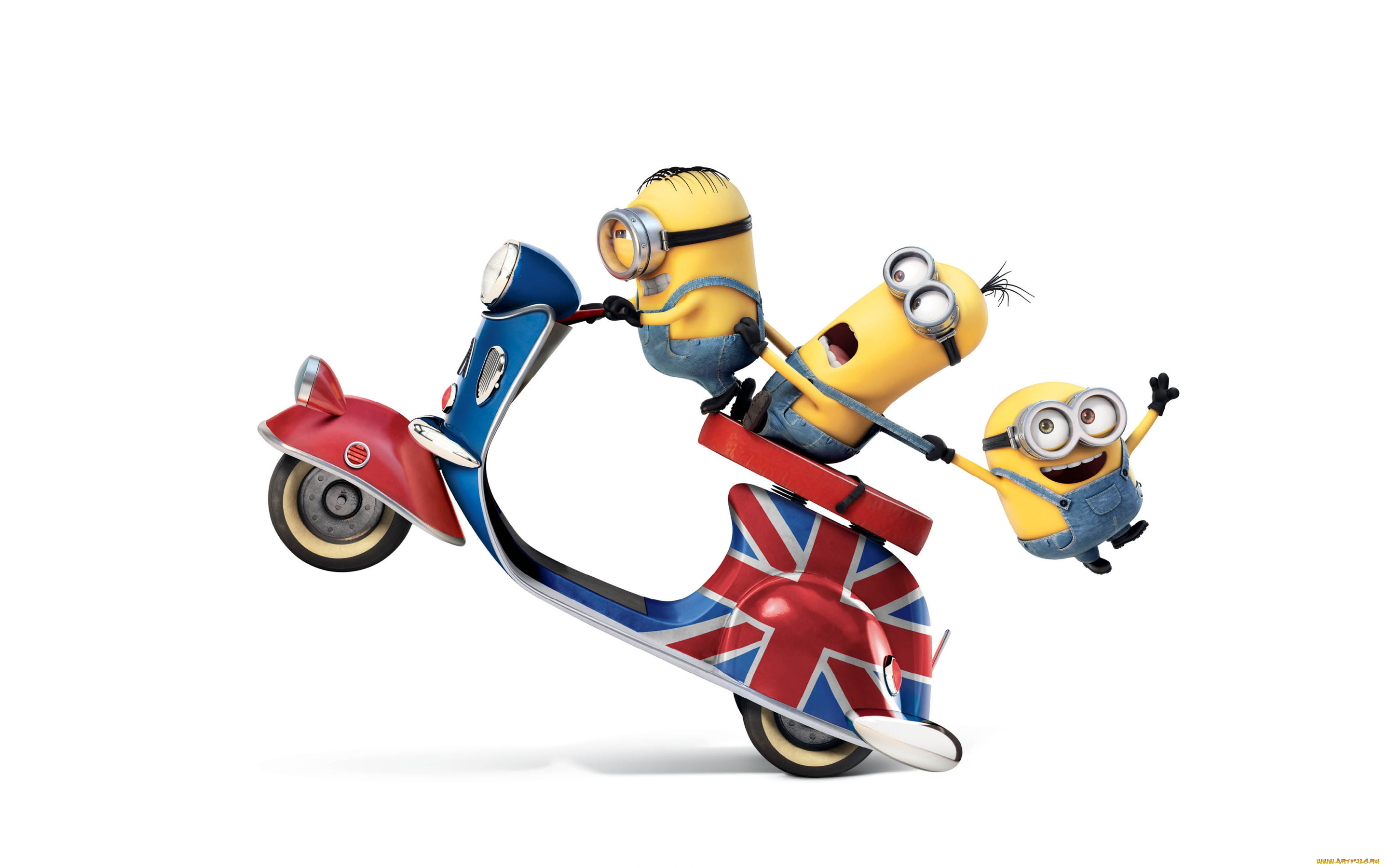 мультфильмы, minions, белый, фон, мотороллер, желтые, персонажи, мультфильм, миньоны
