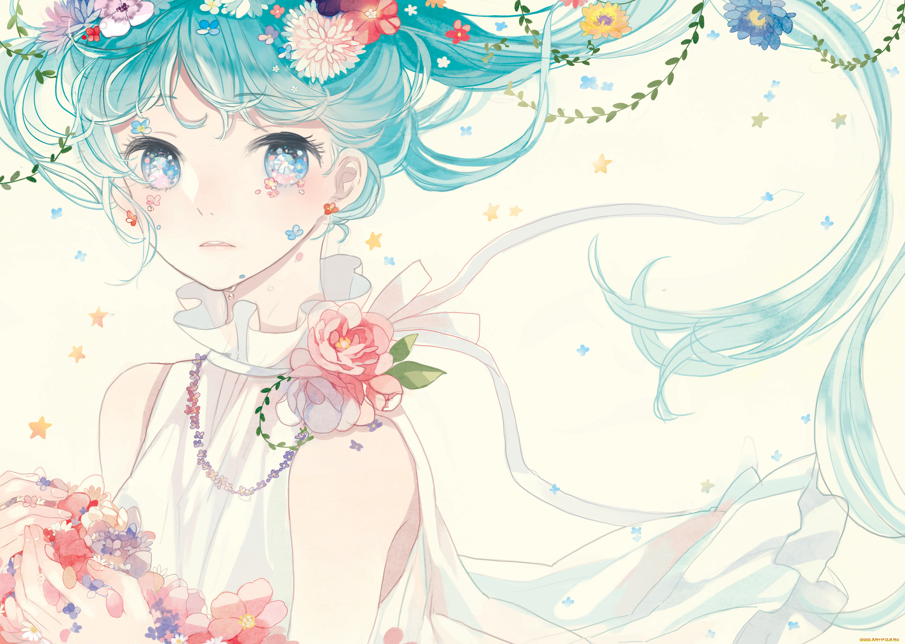 аниме, vocaloid, hatsune, miku, mig, 36th, underground, арт, девушка, взгляд, цветы