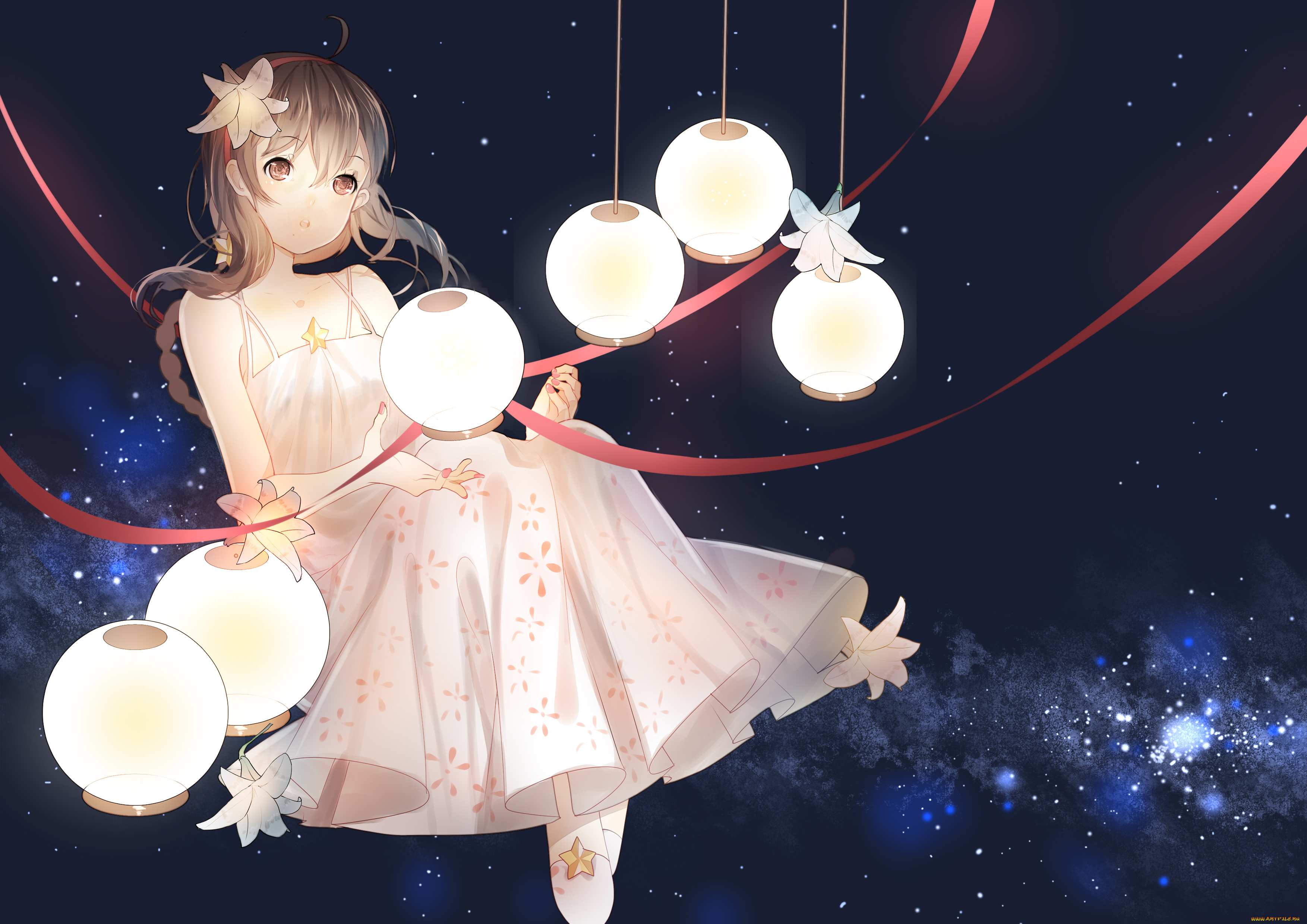 аниме, vocaloid, фонарики, космос, девочка, арт, weitu, yuezheng, ling, china