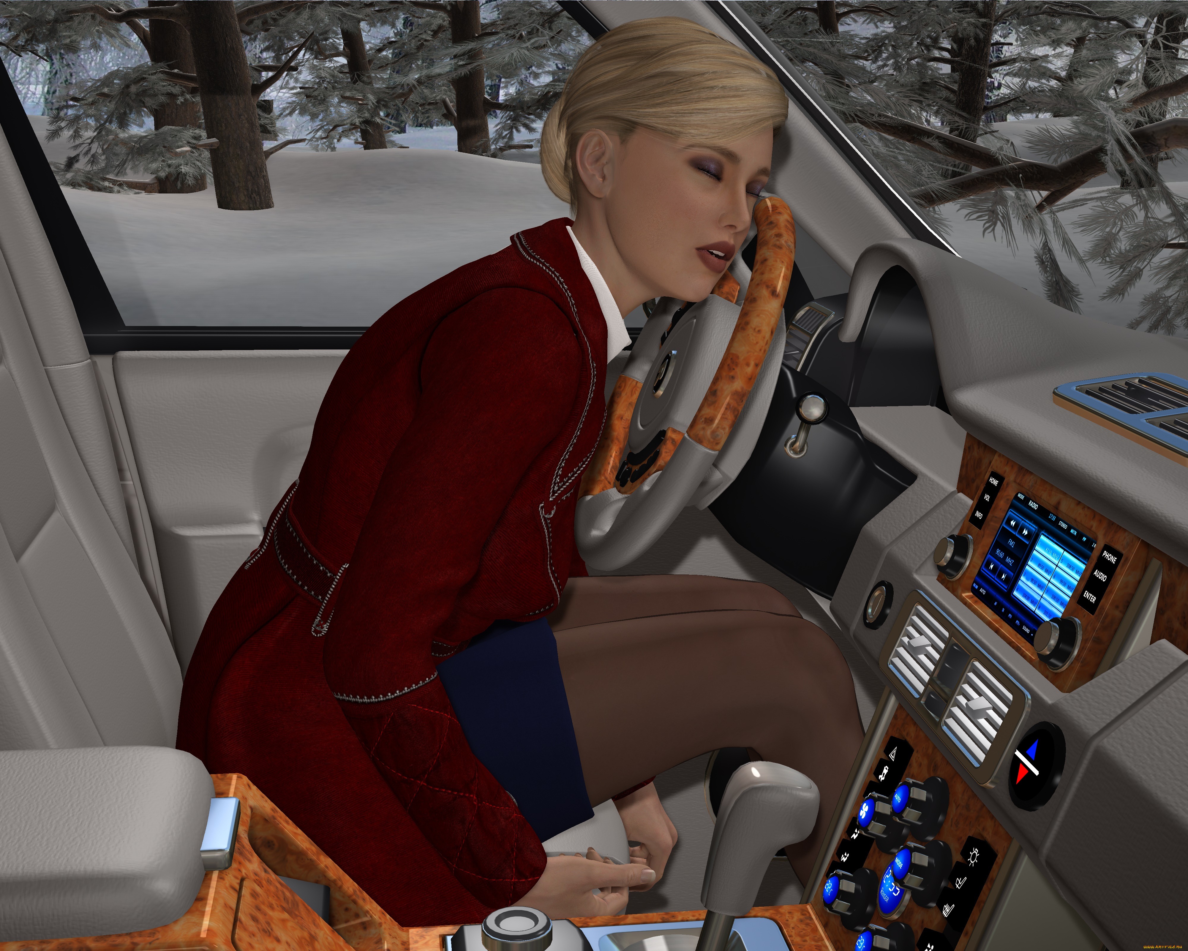 she, wolf, ll, 3д, графика, фантазия, , fantasy, девушка, взгляд, фон, автомобиль