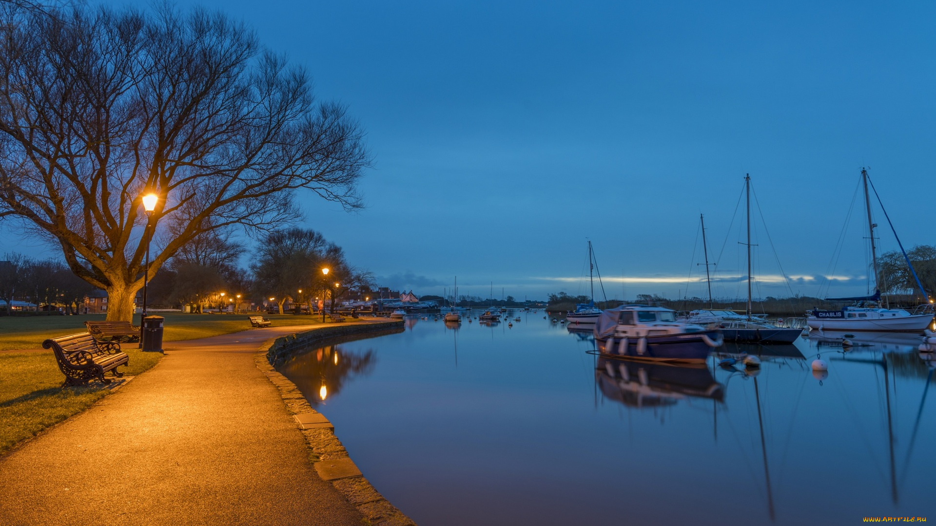 англия, природа, реки, озера, деревья, катера, фонари, водоем, скамейки