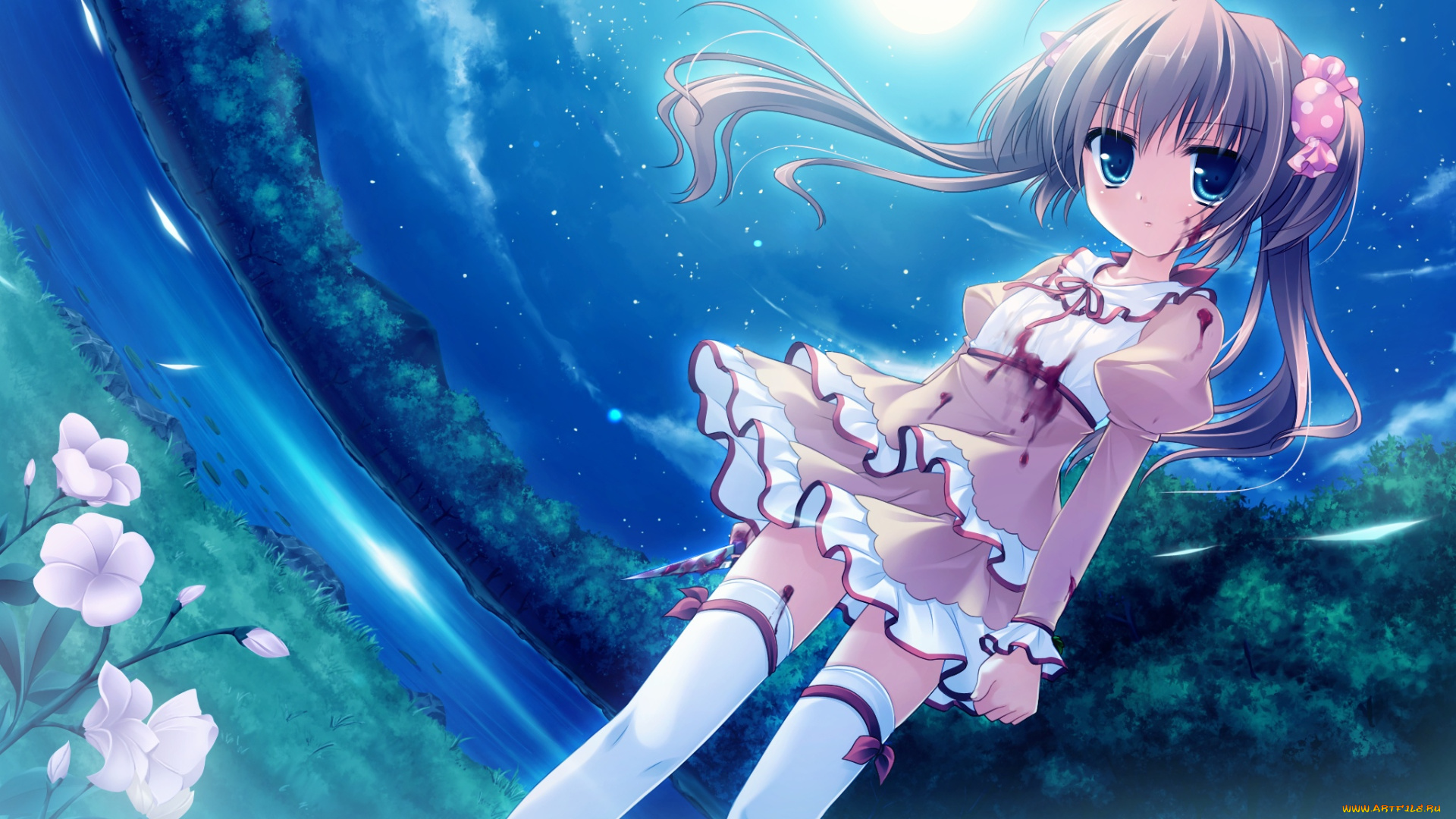 аниме, midori, no, umi, взгляд, девушка, фон