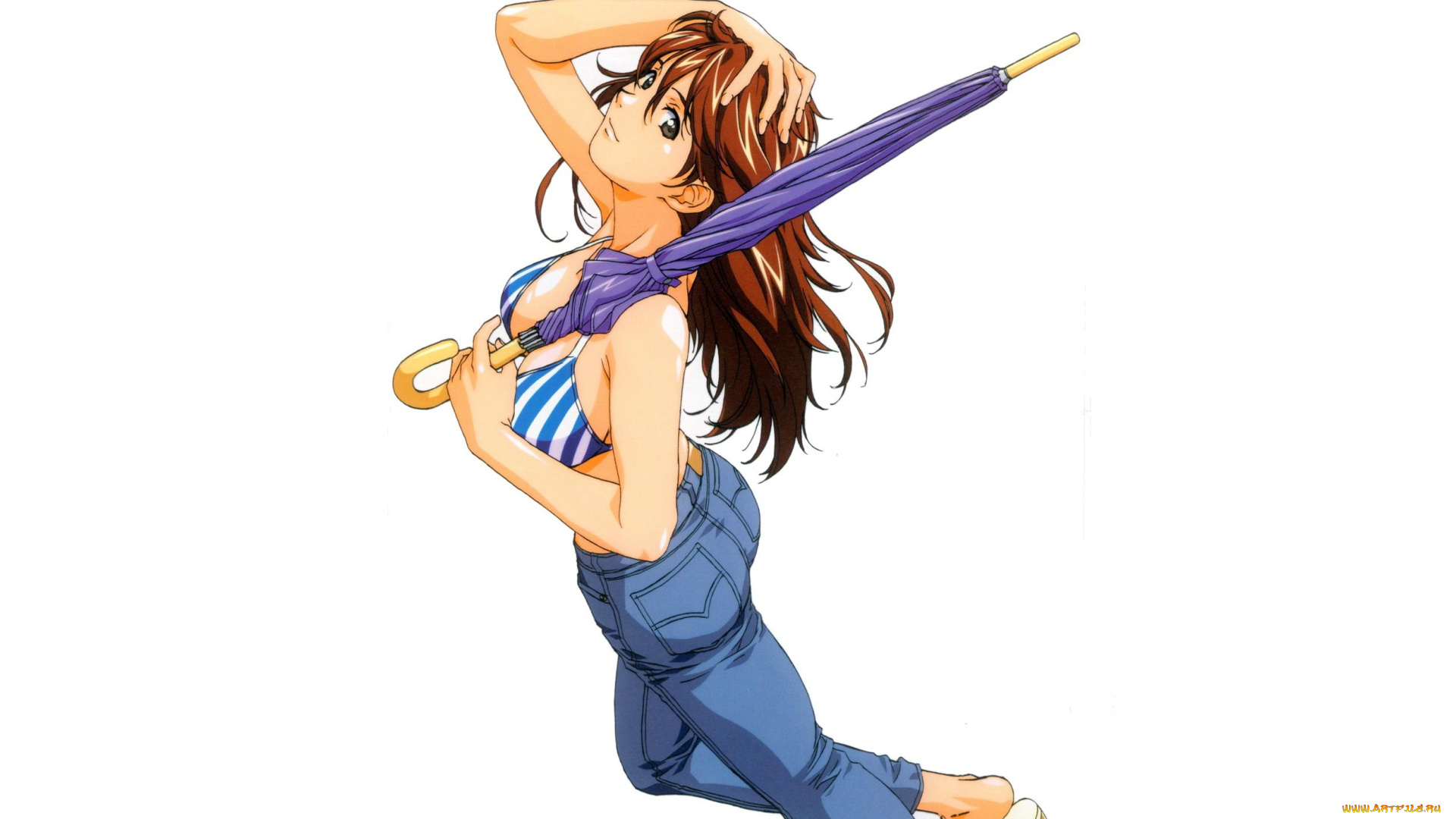 аниме, unknown, , другое, девушка, зонт, джинсы