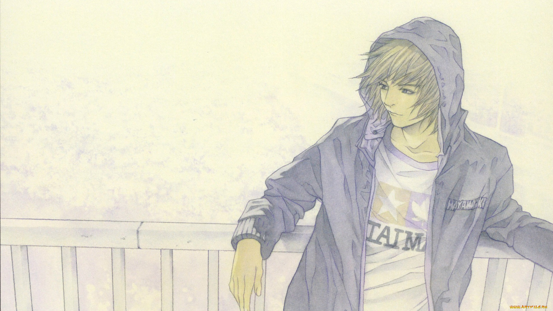 аниме, unknown, , другое, надпись, набросок, капюшон, парень, куртка