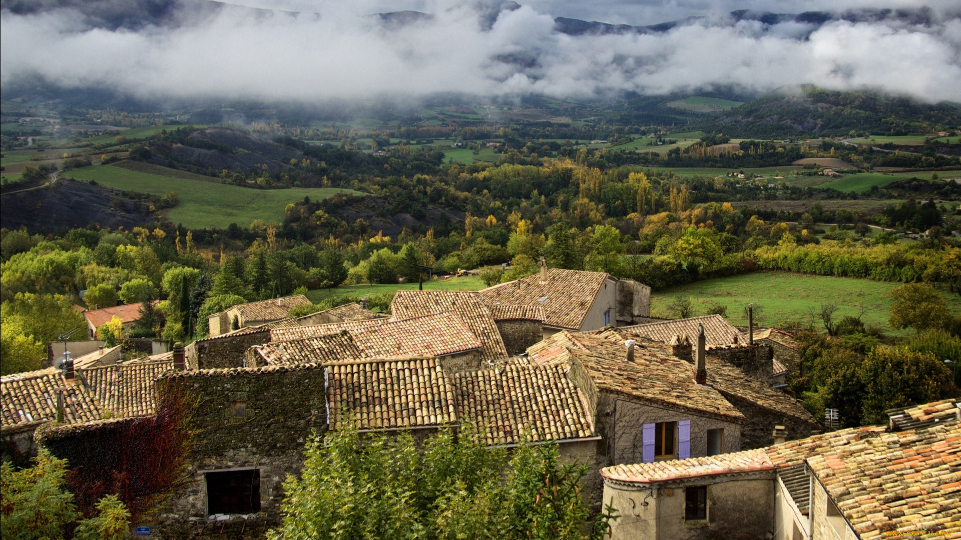 франция, города, -, панорамы, облака, деревья, крыши, здания, холмы