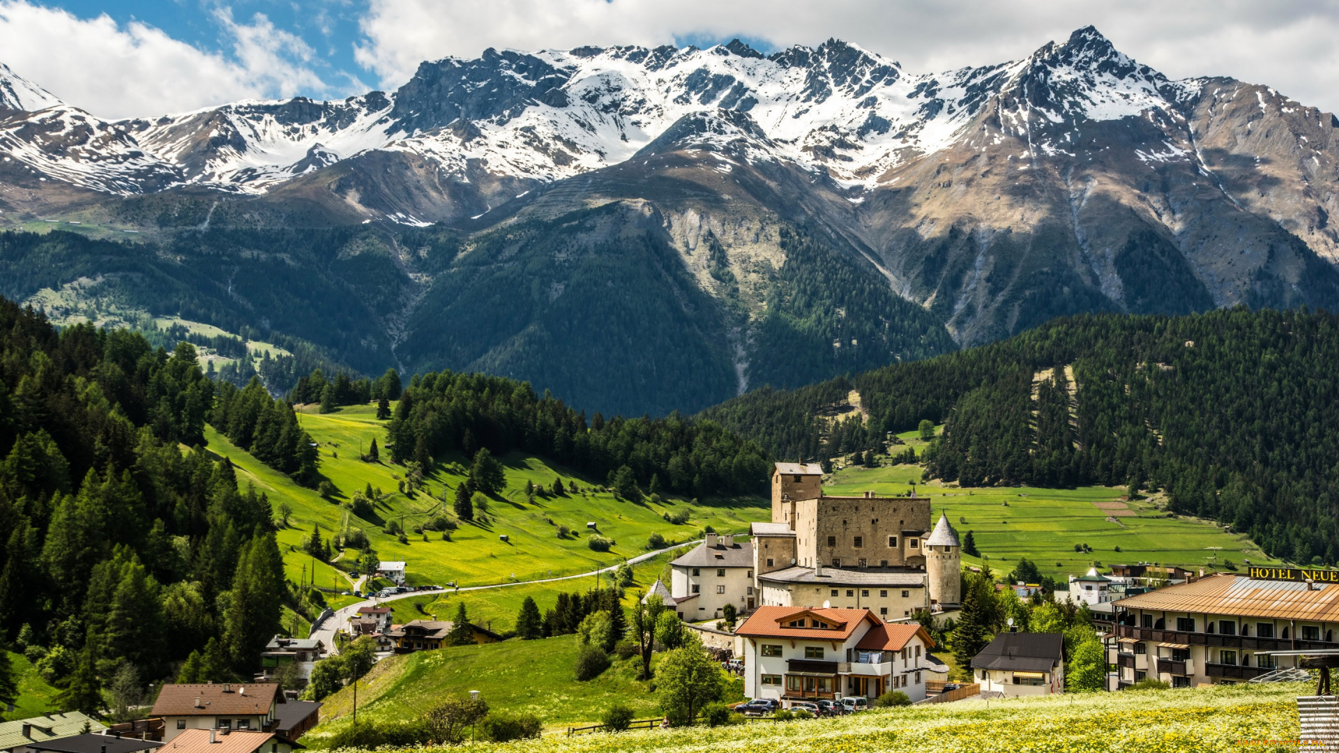 города, -, пейзажи, цветы, дома, деревья, трава, леса, nauders, луга, поля, горы, австрия, зелень, облака, лето, солнце