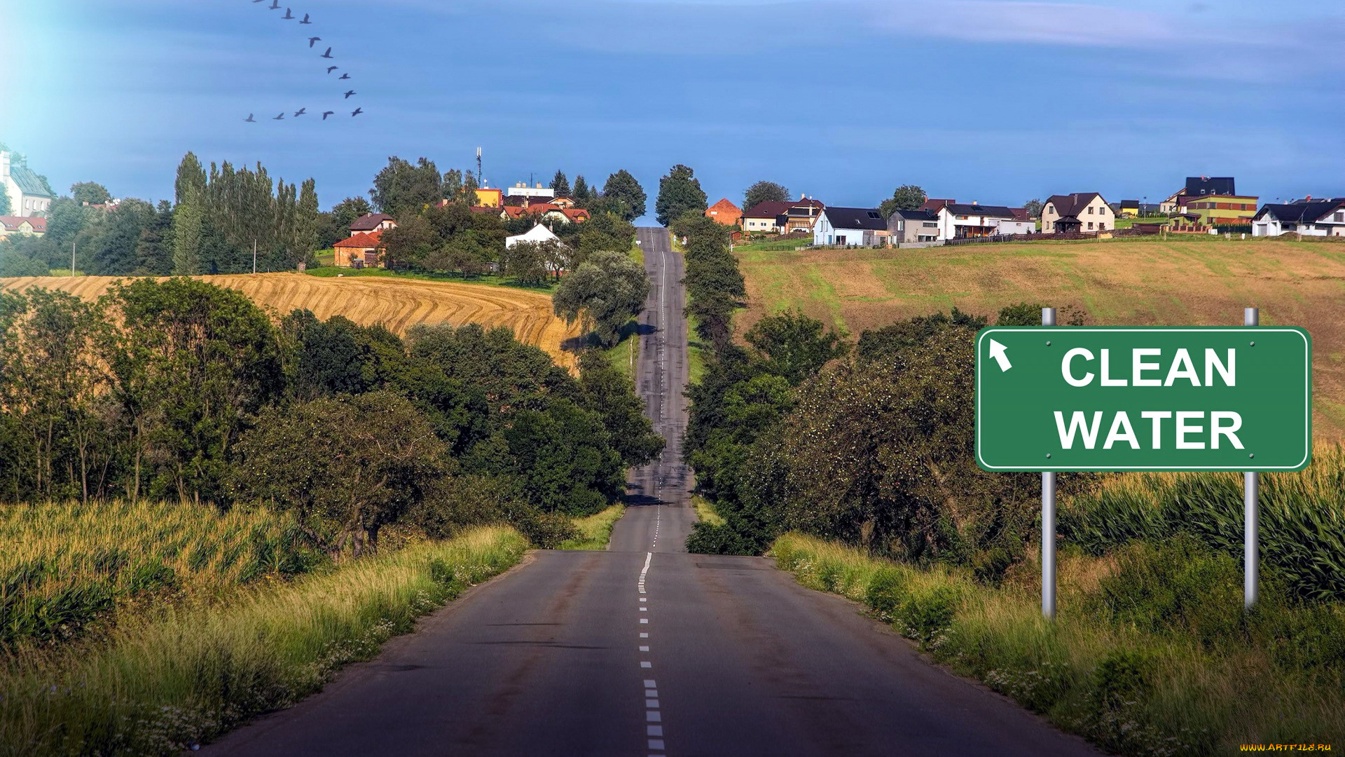 города, -, пейзажи, указатель, название, шоссе, поля, городок