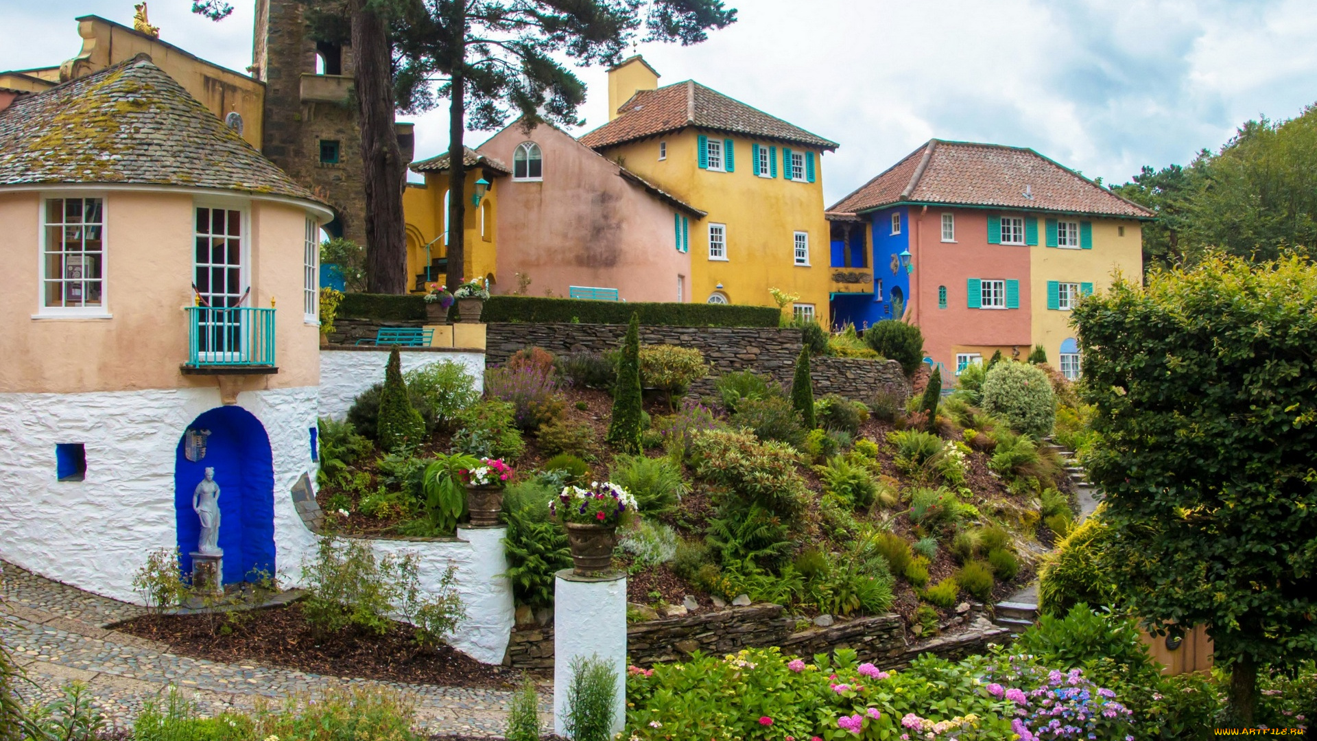 города, -, здания, , дома, скульптура, деревья, облака, цветы