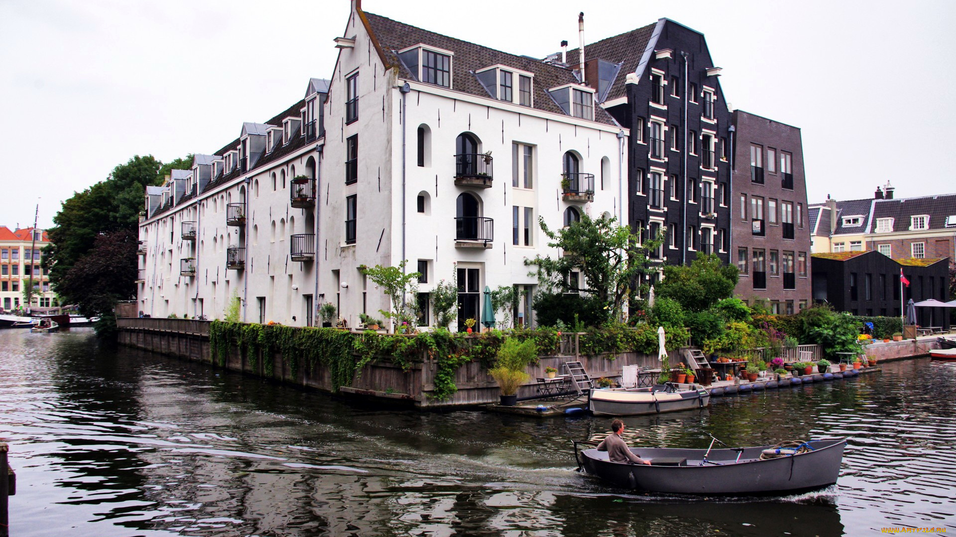 города, амстердам, , нидерланды, канал, дома, лодки