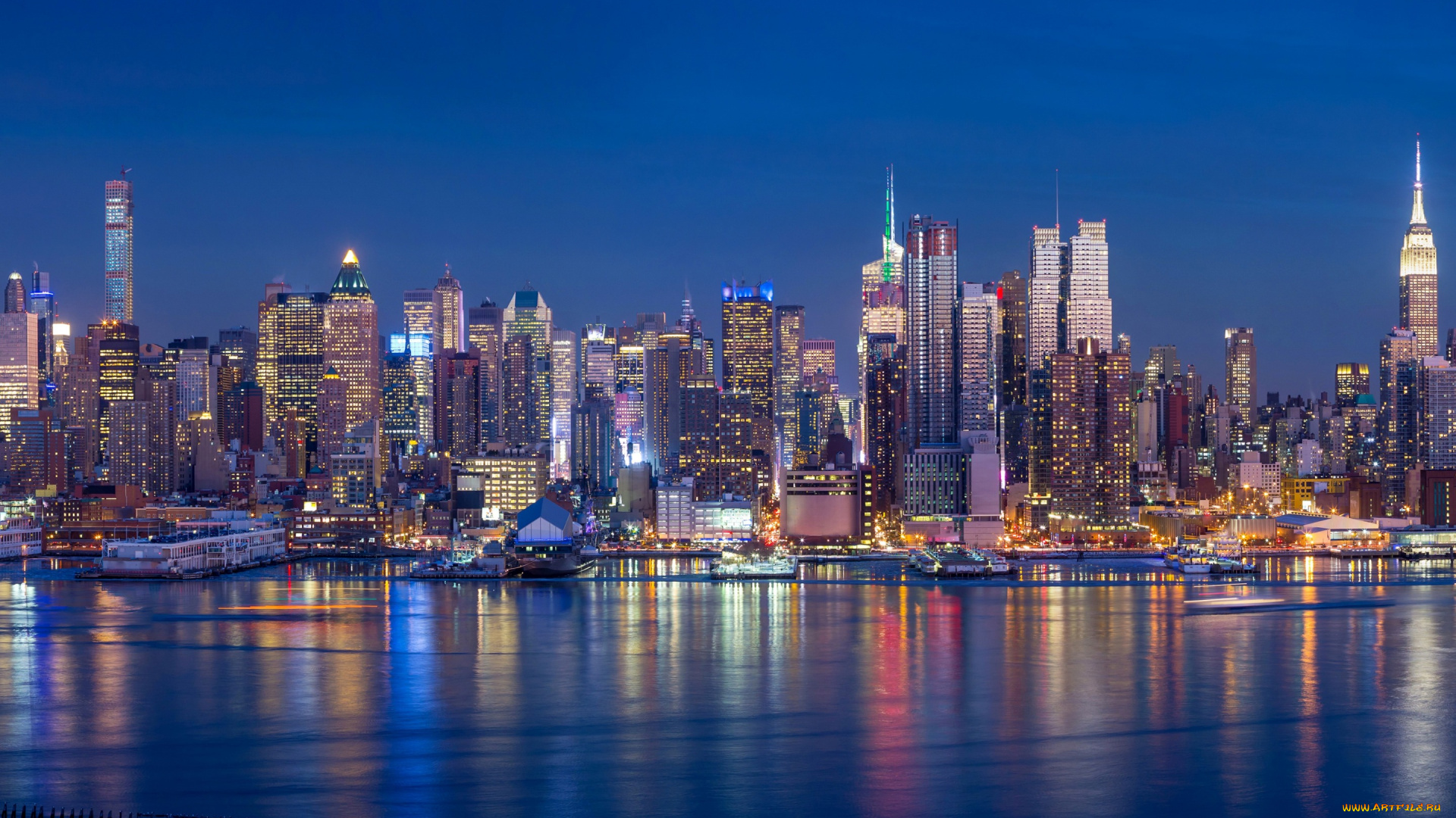 города, нью-йорк, , сша, здания, побережье, огни, ночь, небоскребы, причалы, панорама, залив, нью-йорк