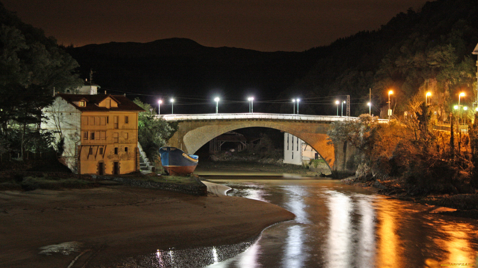 испания, города, -, мосты, фонари, водоем, холмы, здания