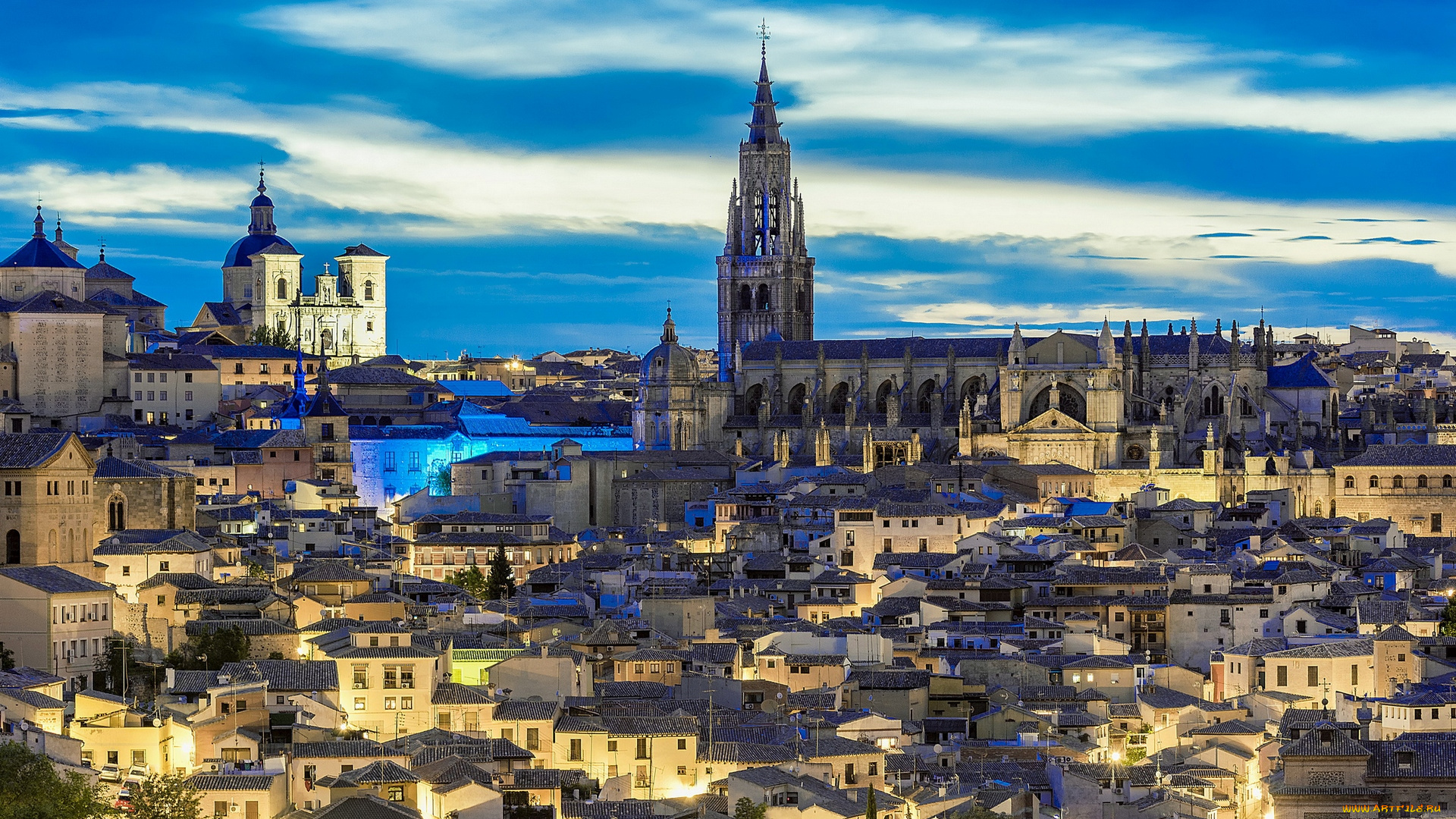 испания, города, -, панорамы, деревья, фонари, здания