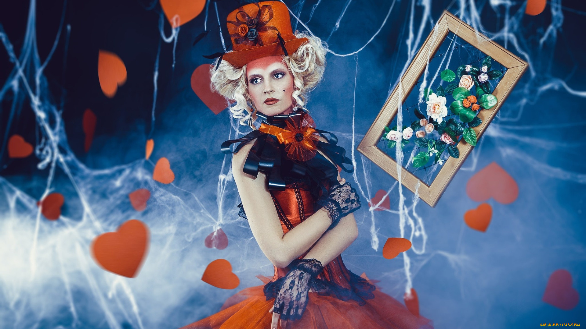 разное, маски, , карнавальные, костюмы, девушка, митенки, паутина, кудри, платье, банты, блондинка, наряд, сердечки, рамка, цветы, картина, шляпа