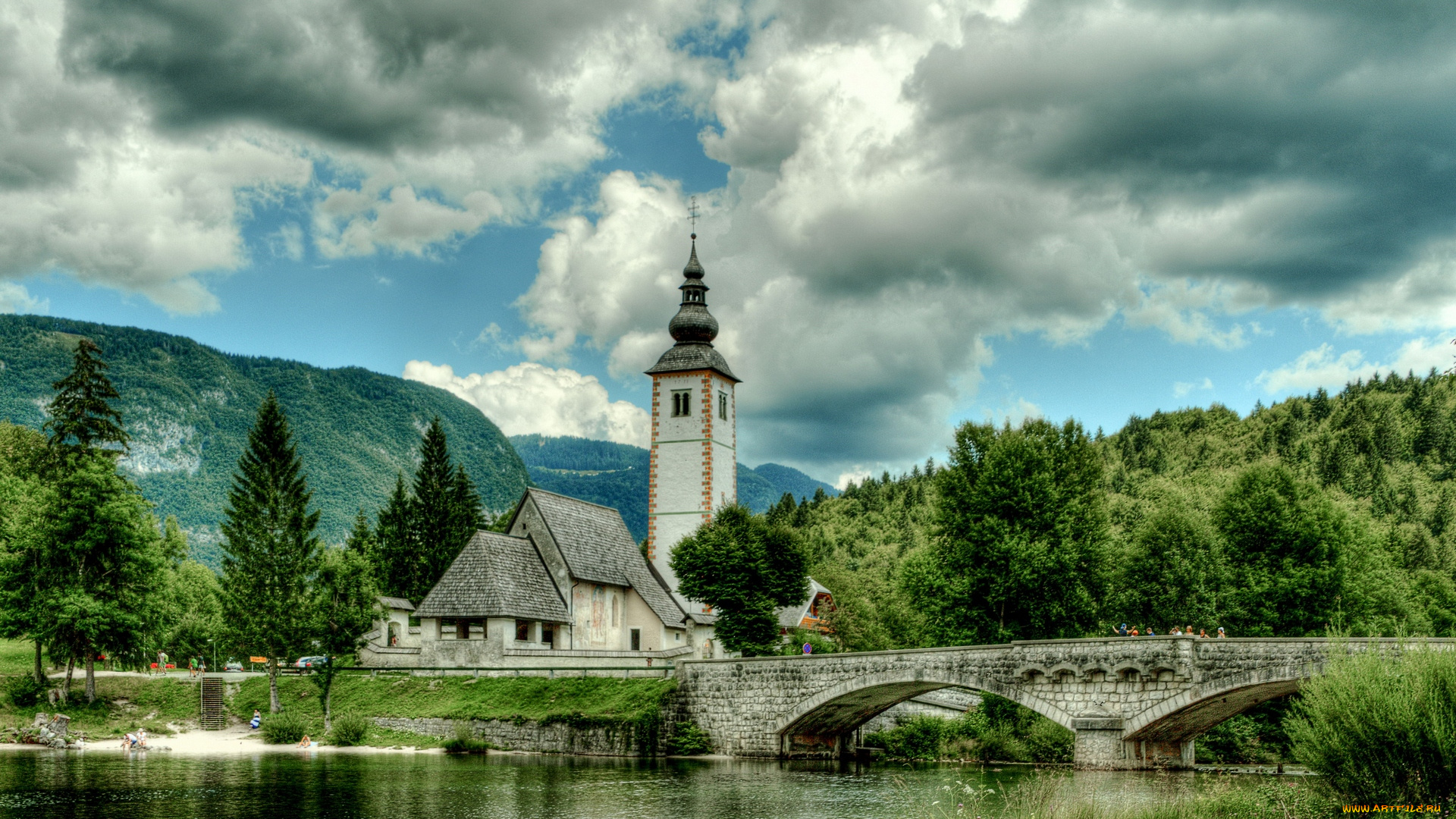 словения, города, -, мосты, холмы, облака, здания, деревья, трава, водоем