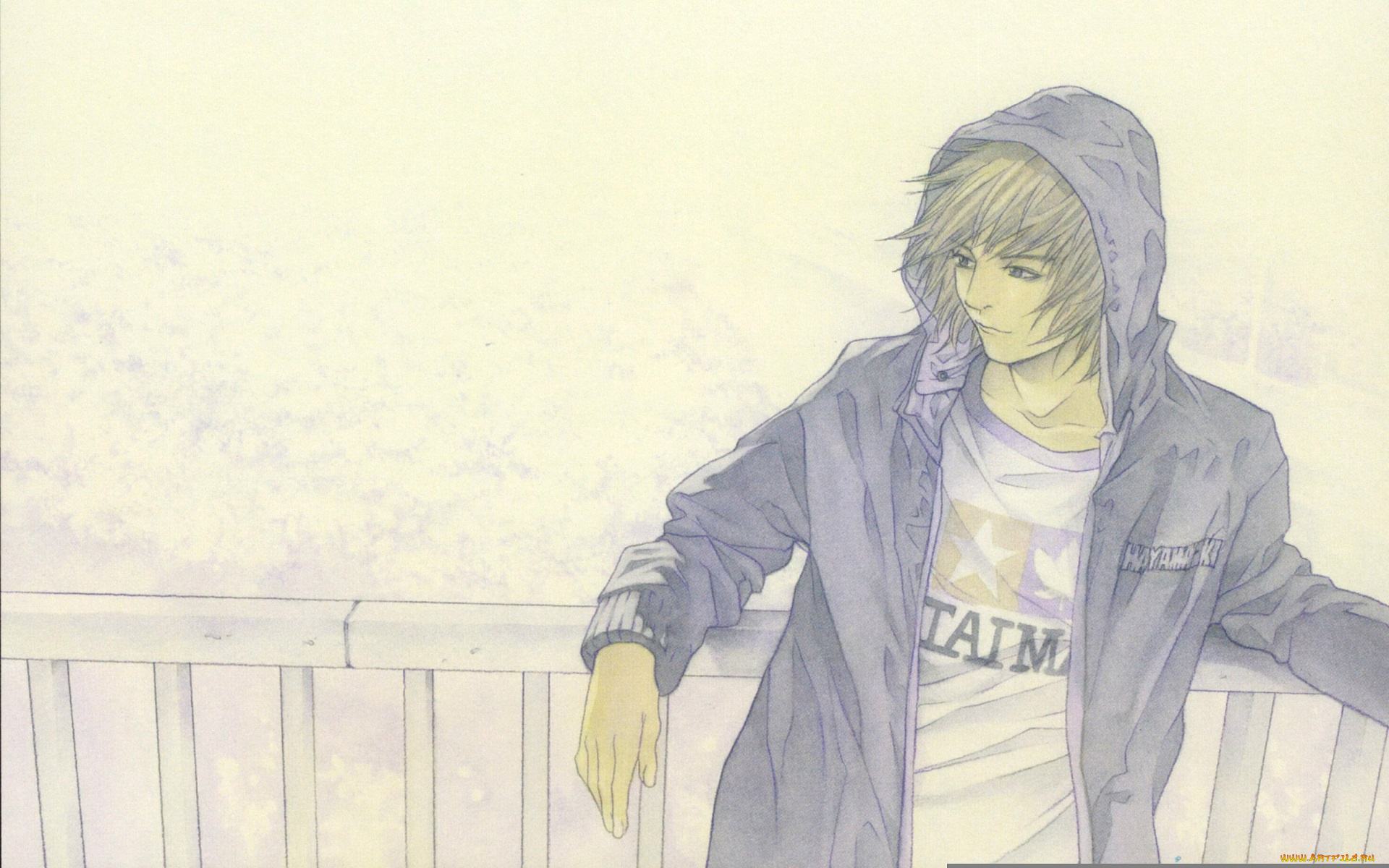 аниме, unknown, , другое, надпись, набросок, капюшон, парень, куртка