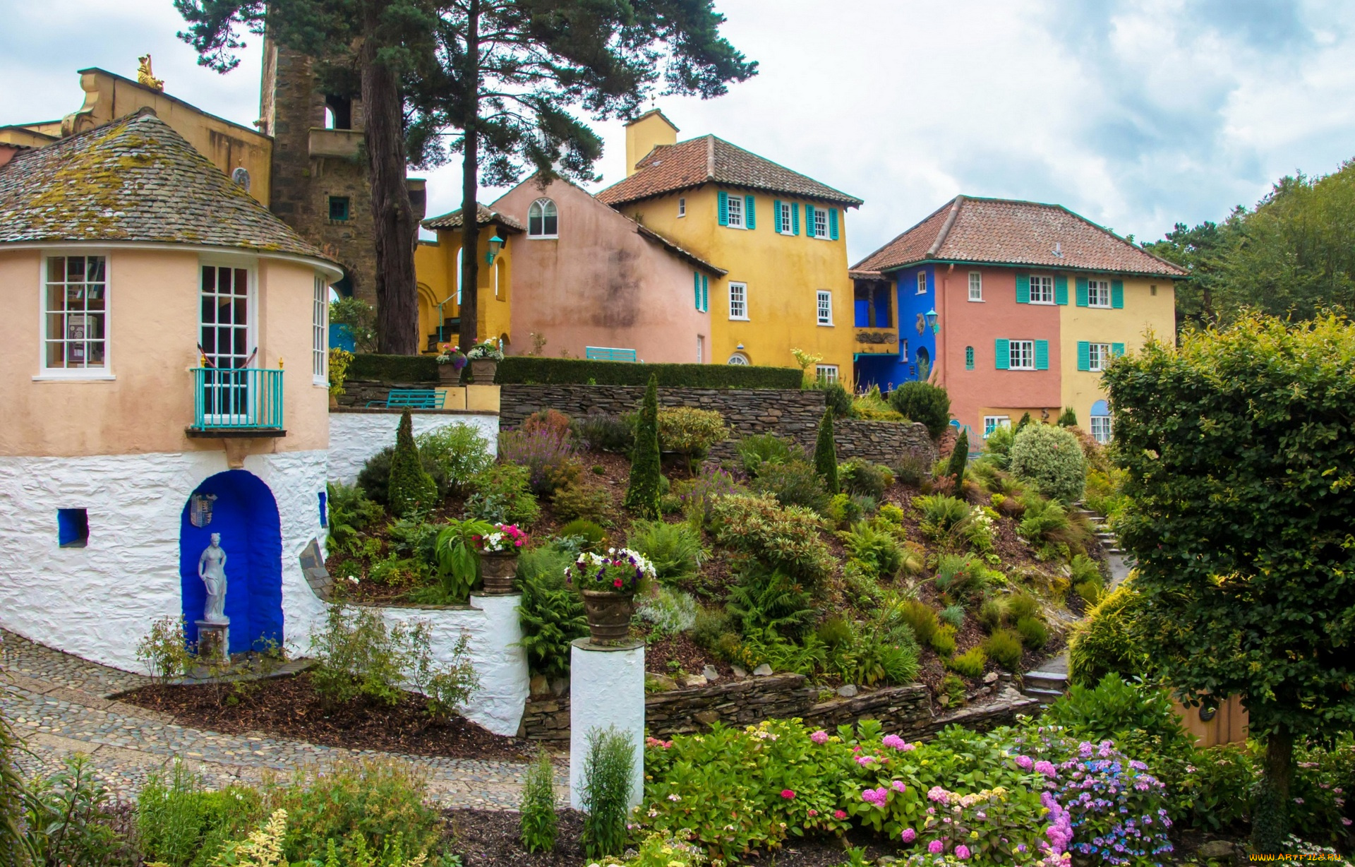 города, -, здания, , дома, скульптура, деревья, облака, цветы