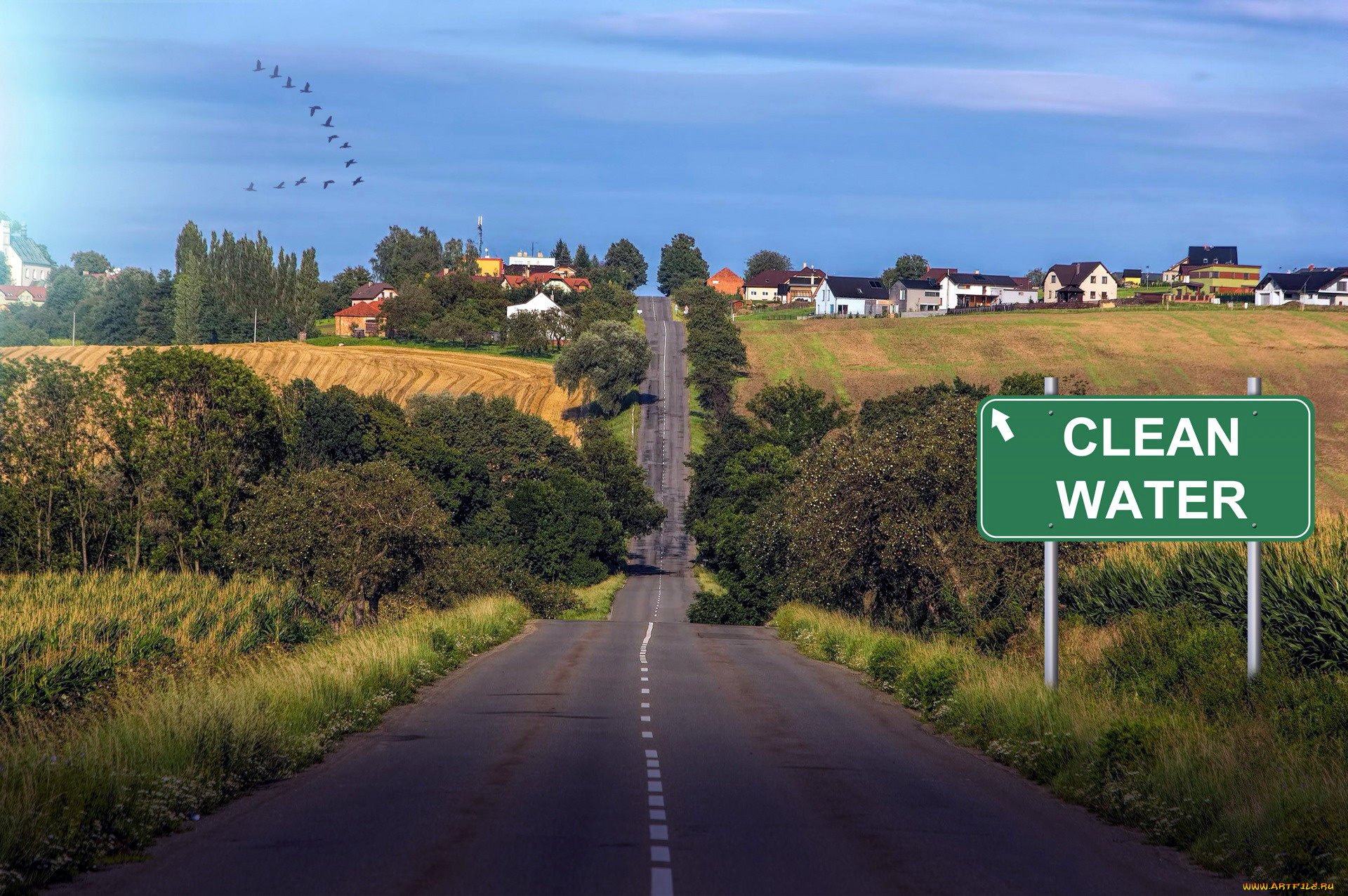 города, -, пейзажи, указатель, название, шоссе, поля, городок