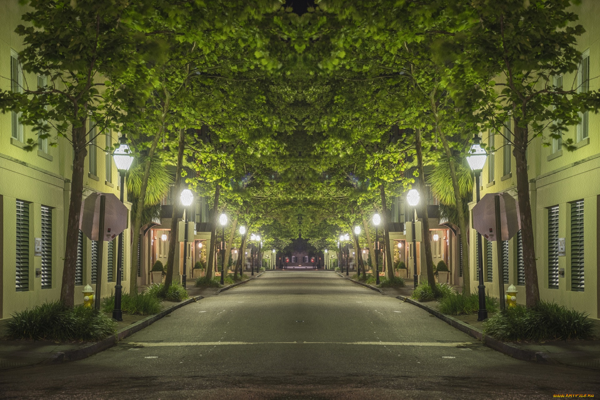 природа, дороги, здания, фонари, деревья