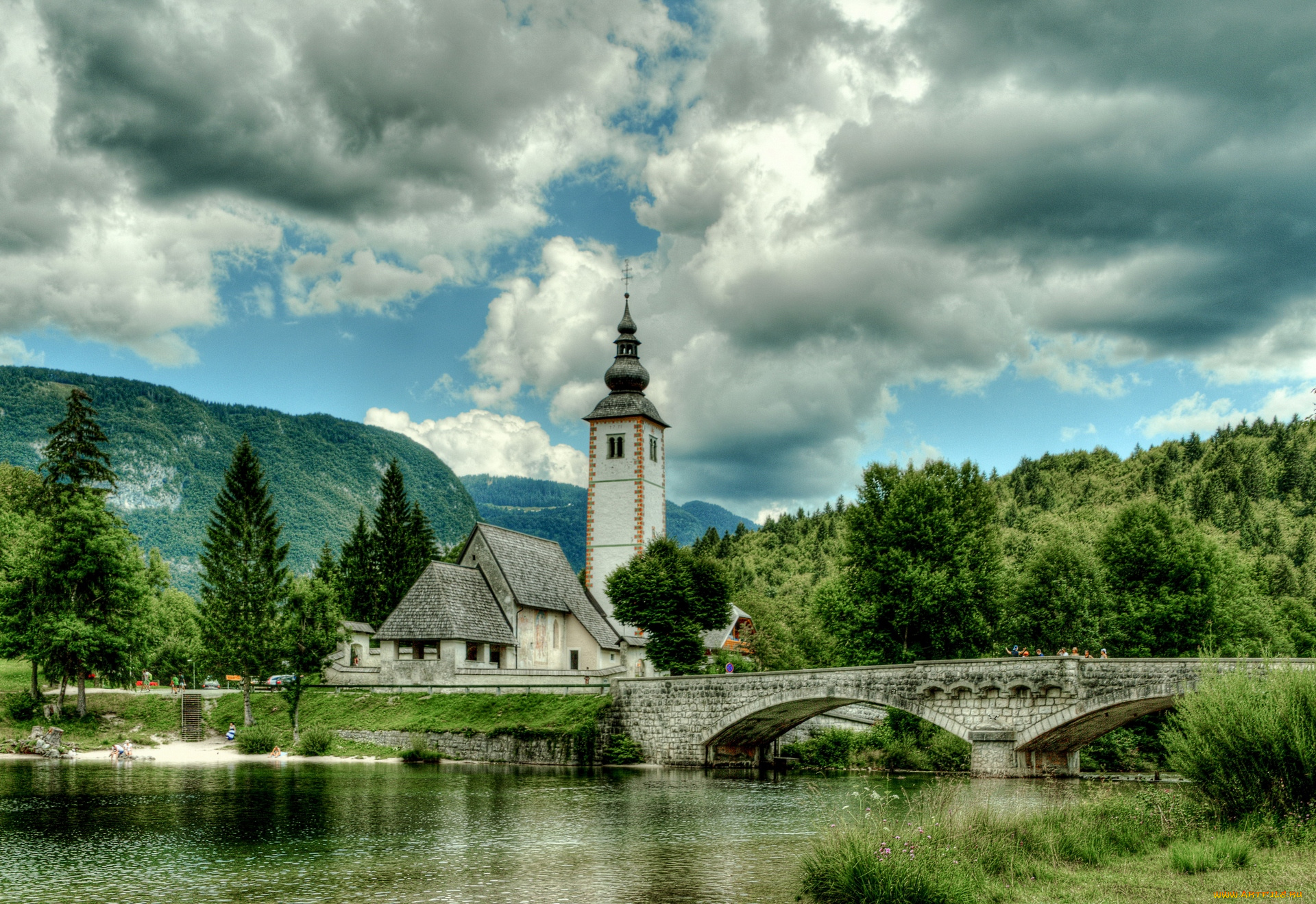 словения, города, -, мосты, холмы, облака, здания, деревья, трава, водоем