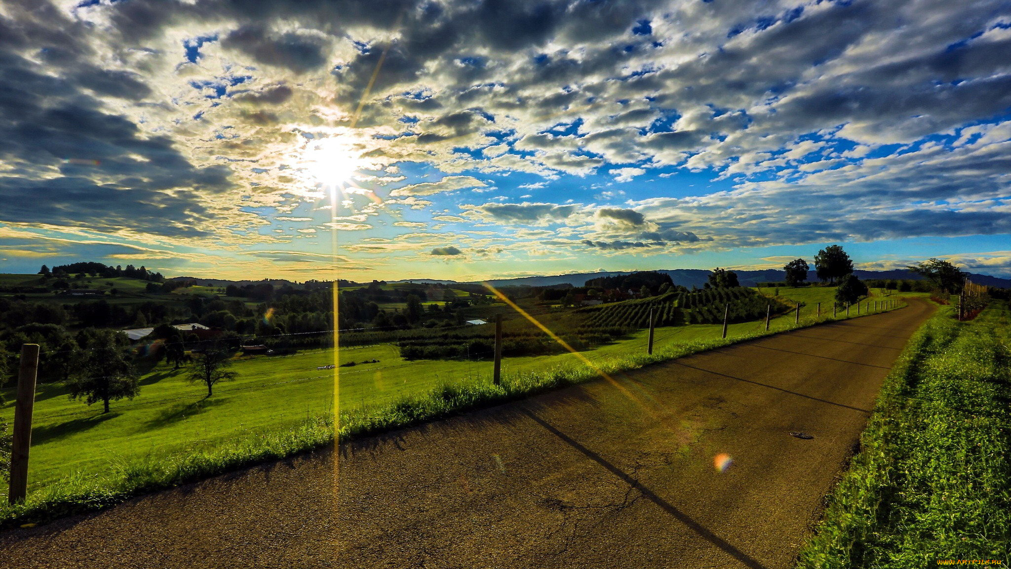 природа, дороги, дорога, лето, солнце, облака, проселочная